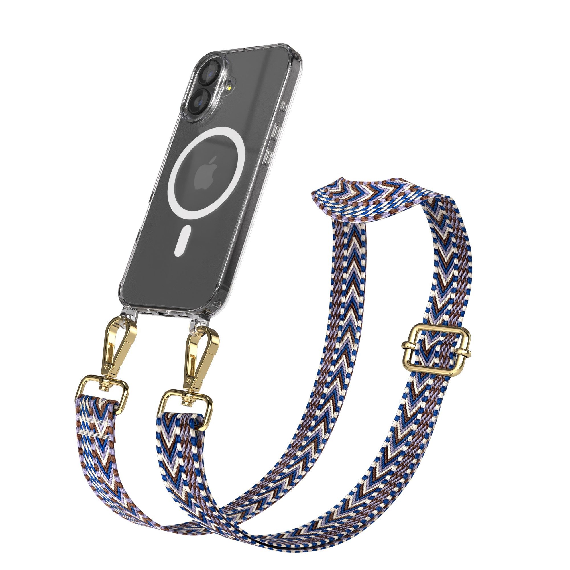 EAZY CASE Handykette Umhängeband MagSafe Hülle für Apple iPhone 17 6,3 Zoll, Handyband zum Wechseln geflochtenes Taschenband Festivalbag Boho Blau
