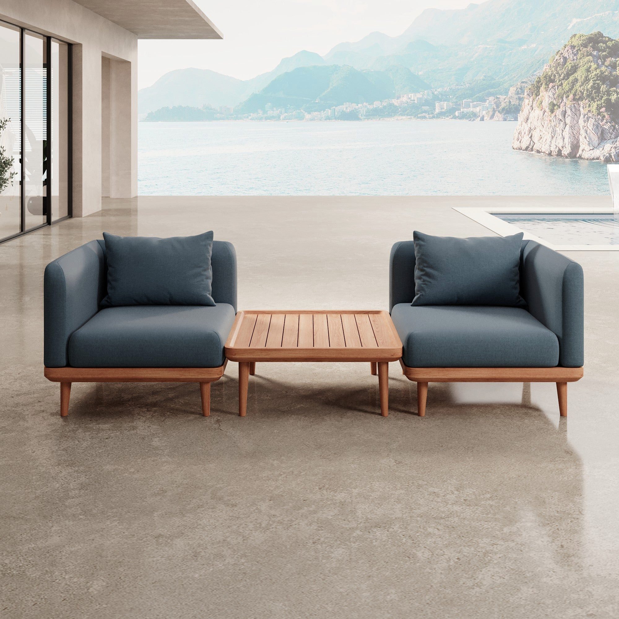 Luxusbetten24 Gartenlounge-Set Nouri – 2 Loungemodule & Tisch, farbecht, UV-beständig, atmungsaktiv und wasserabweisend