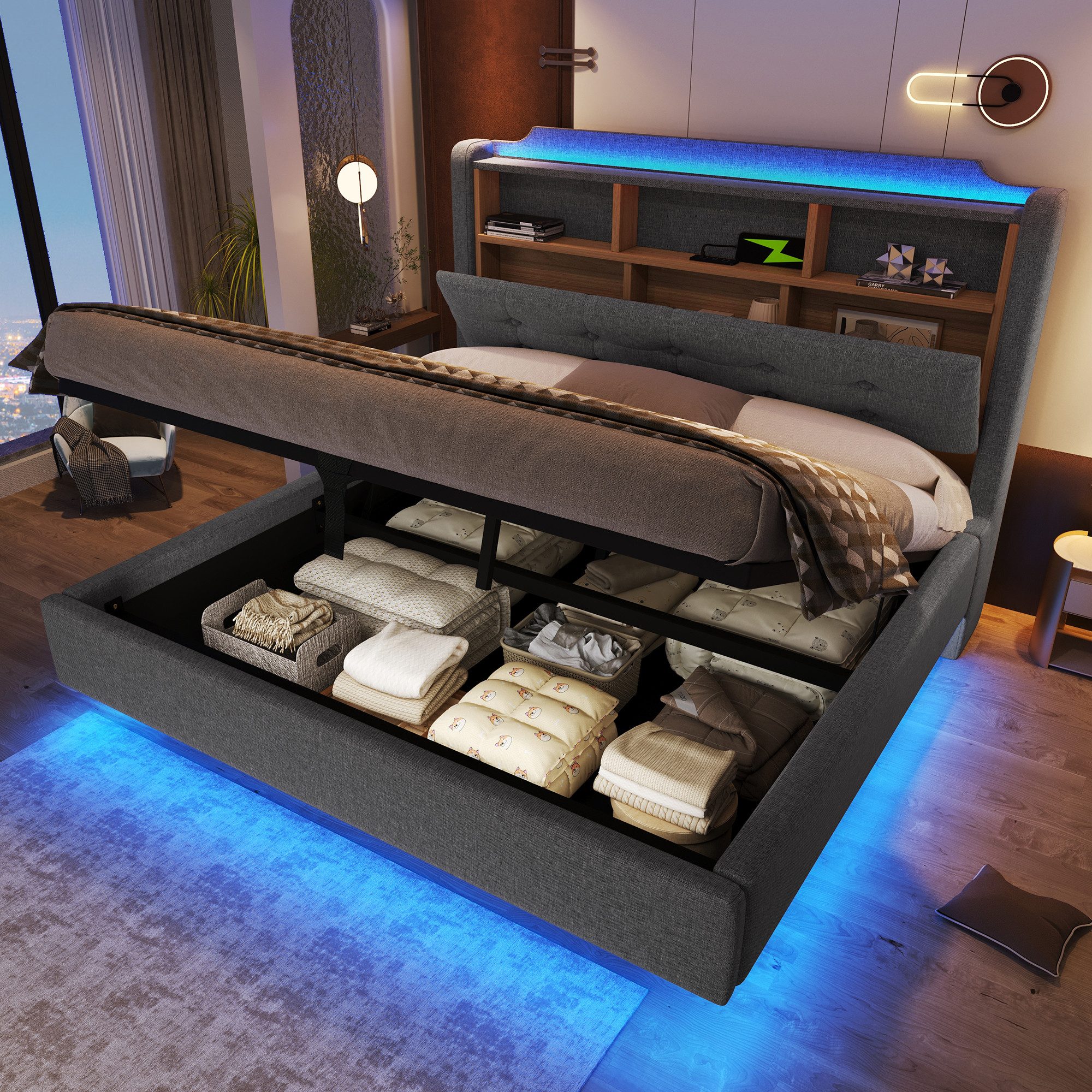 Merax Polsterbett 140×200cm mit LED-Lichtleiste und USB- & Typ-C-Anschlüssen (mti hochwertigem Leinenbezug, 1-tlg., Jugendbett Stauraumbett Mehrzweckbett mit schwebendem Design), Doppelbett mit hydraulischem Stauraum & klappbarem Kopfteilfach,Leinen