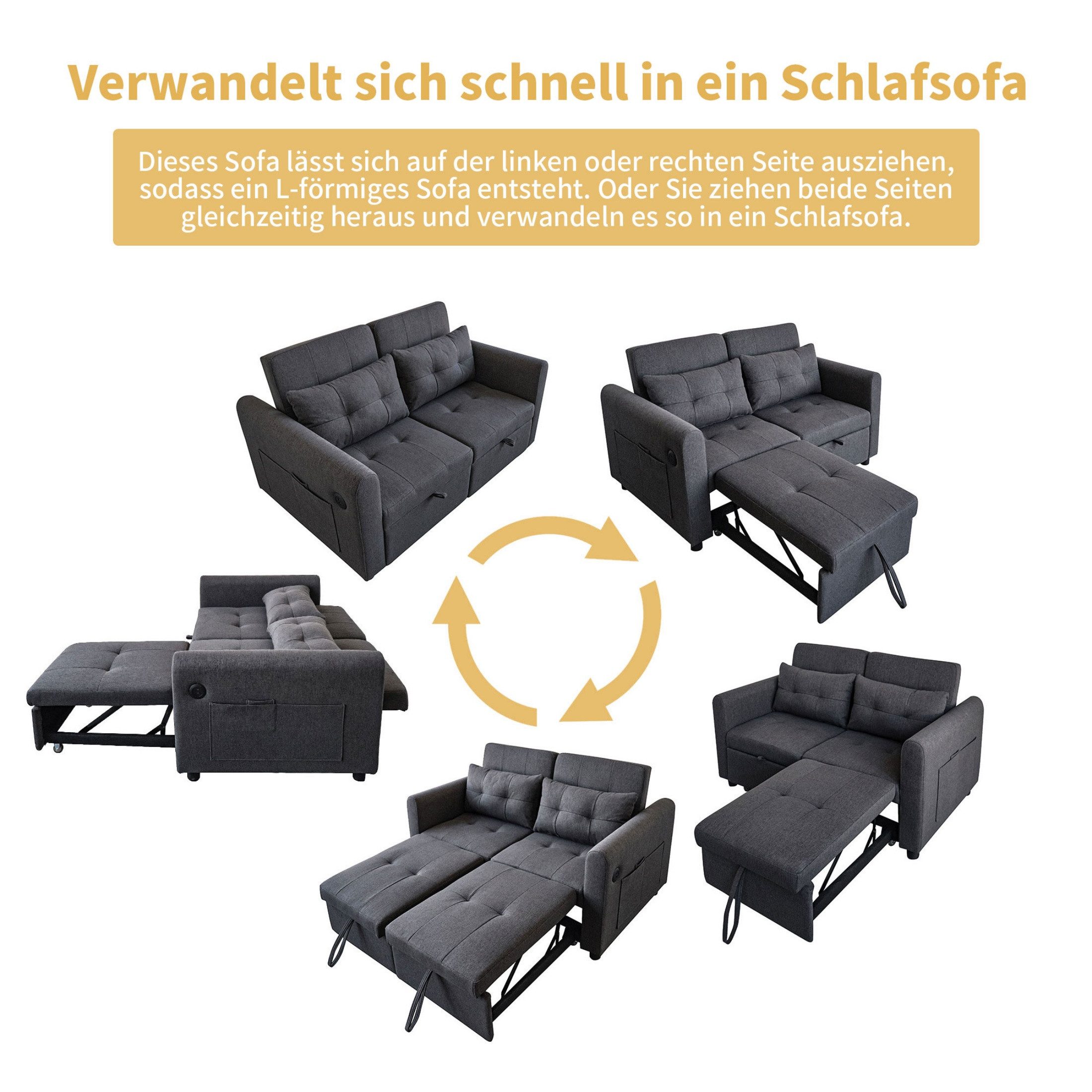 autolock Schlafsofa 3-in-1-Ausziehsofa Zweisitzer mit verstellbarer Rückenlehne, USB, Doppelsofa Loveseat-Sofa für Wohnzimmer, Schlafzimmer, Wohnung
