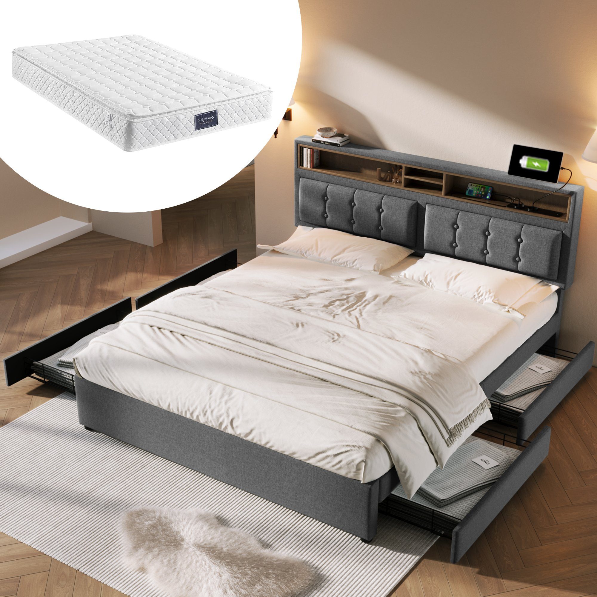 Polsterbett (Doppelbett mit Lattenrost und 4 Schubladen), Stauraumbett 160x200cm mit USB Typ C Ladefunktion Kopfteil, Leinen