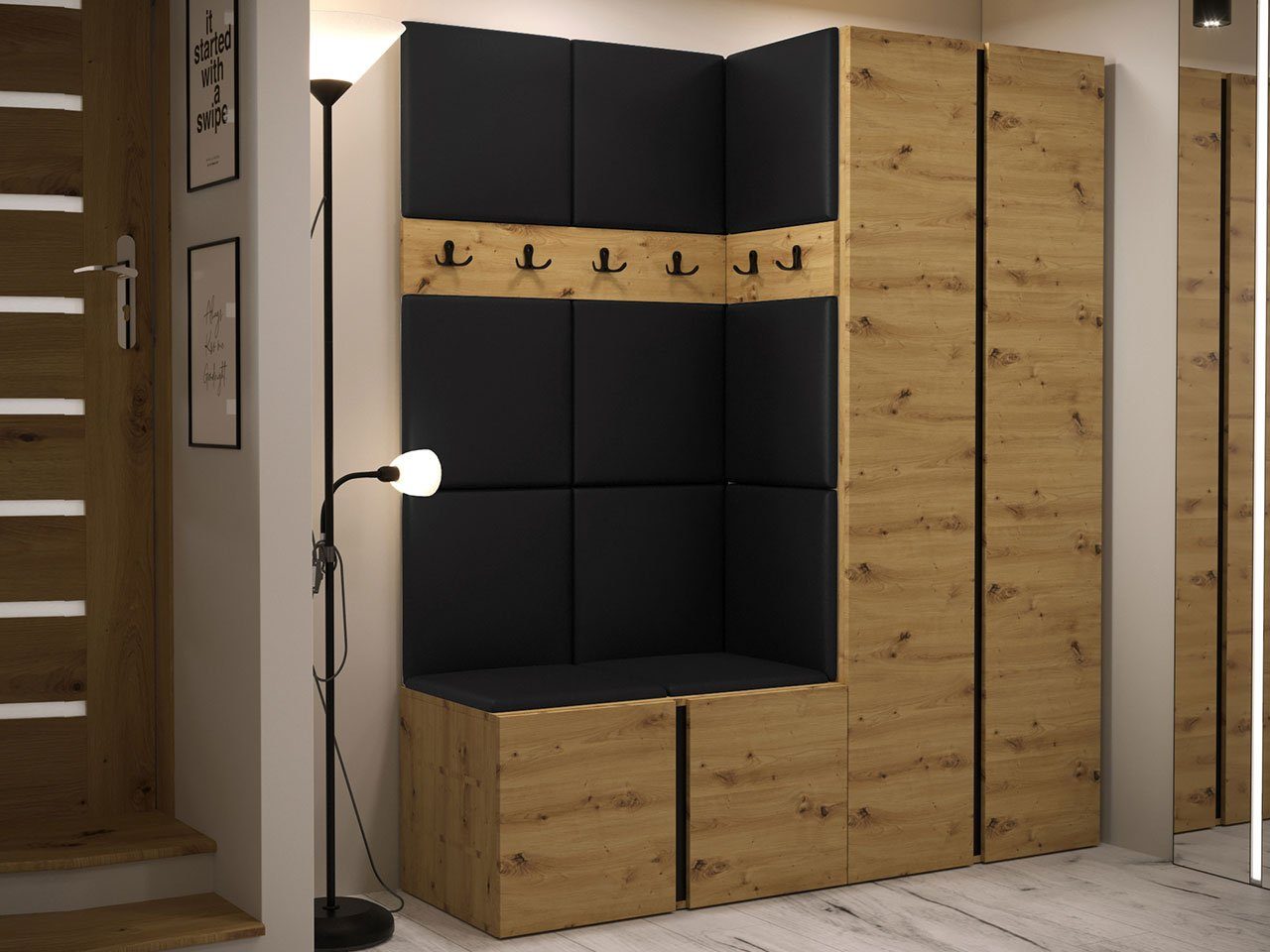 MIRJAN24 Garderoben-Set Orion III, (Komplett-Set, Kleiderschrank, Schuhschrank, 2x Kleiderhakenbrett, Paneel 11x 42x42), Auswahl aus Fronten und Polsterplatten
