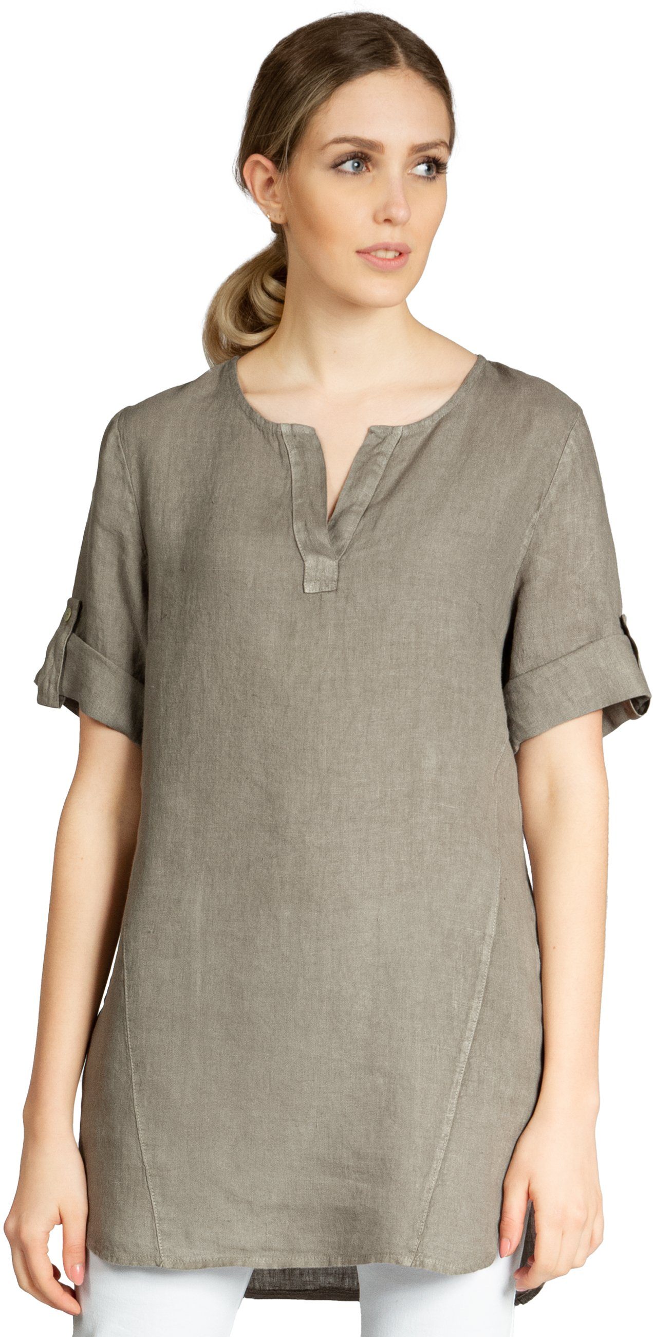 Caspar Longbluse BLU023 lange elegante Damen Halbarm Sommer Leinenbluse günstig online kaufen