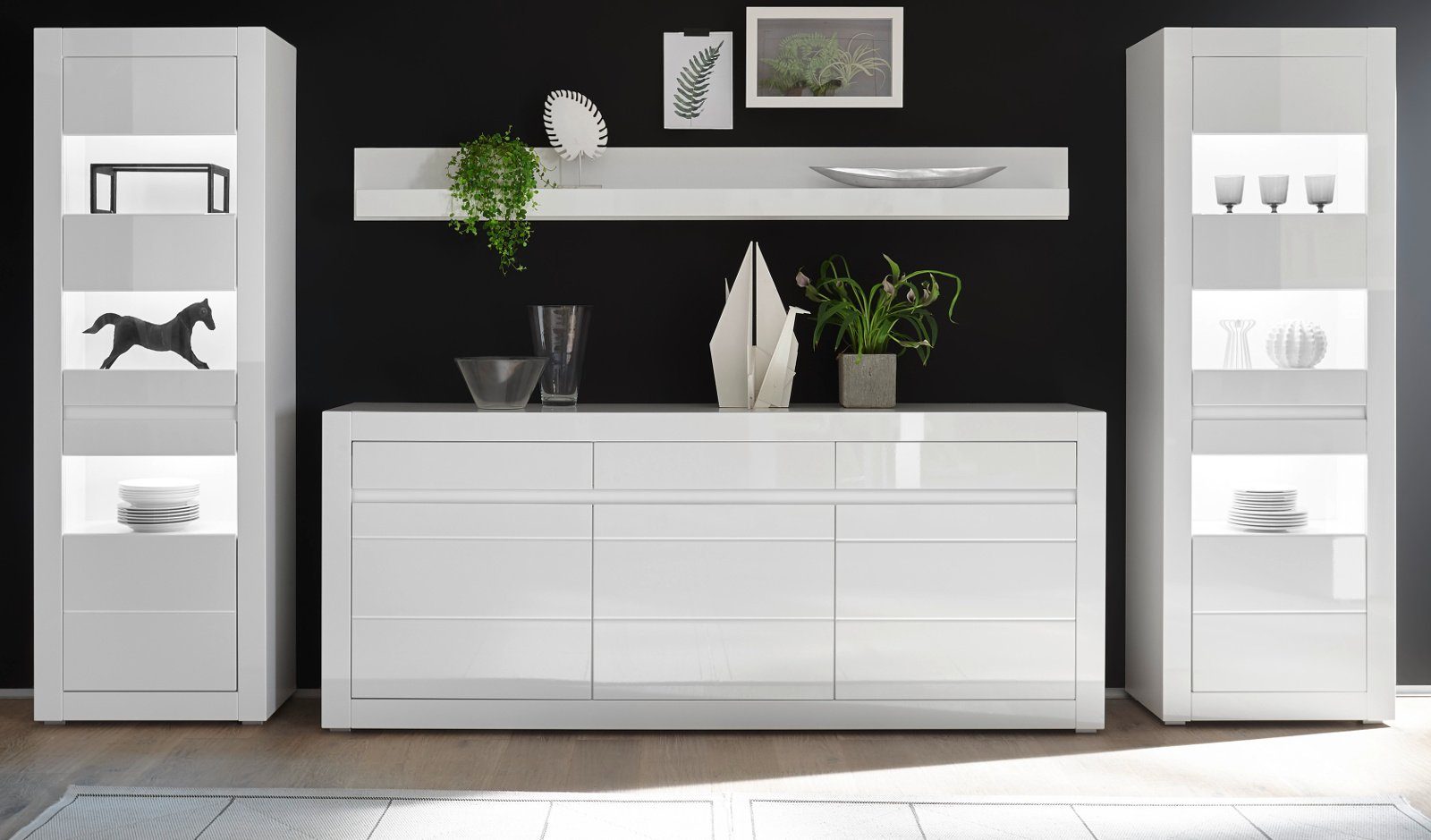 Furn.Design Wohnwand Nobile, (Wohn- und Esszimmer Möbel-Set 4-teilig in weiß), Hochglanz, mit Soft-Close