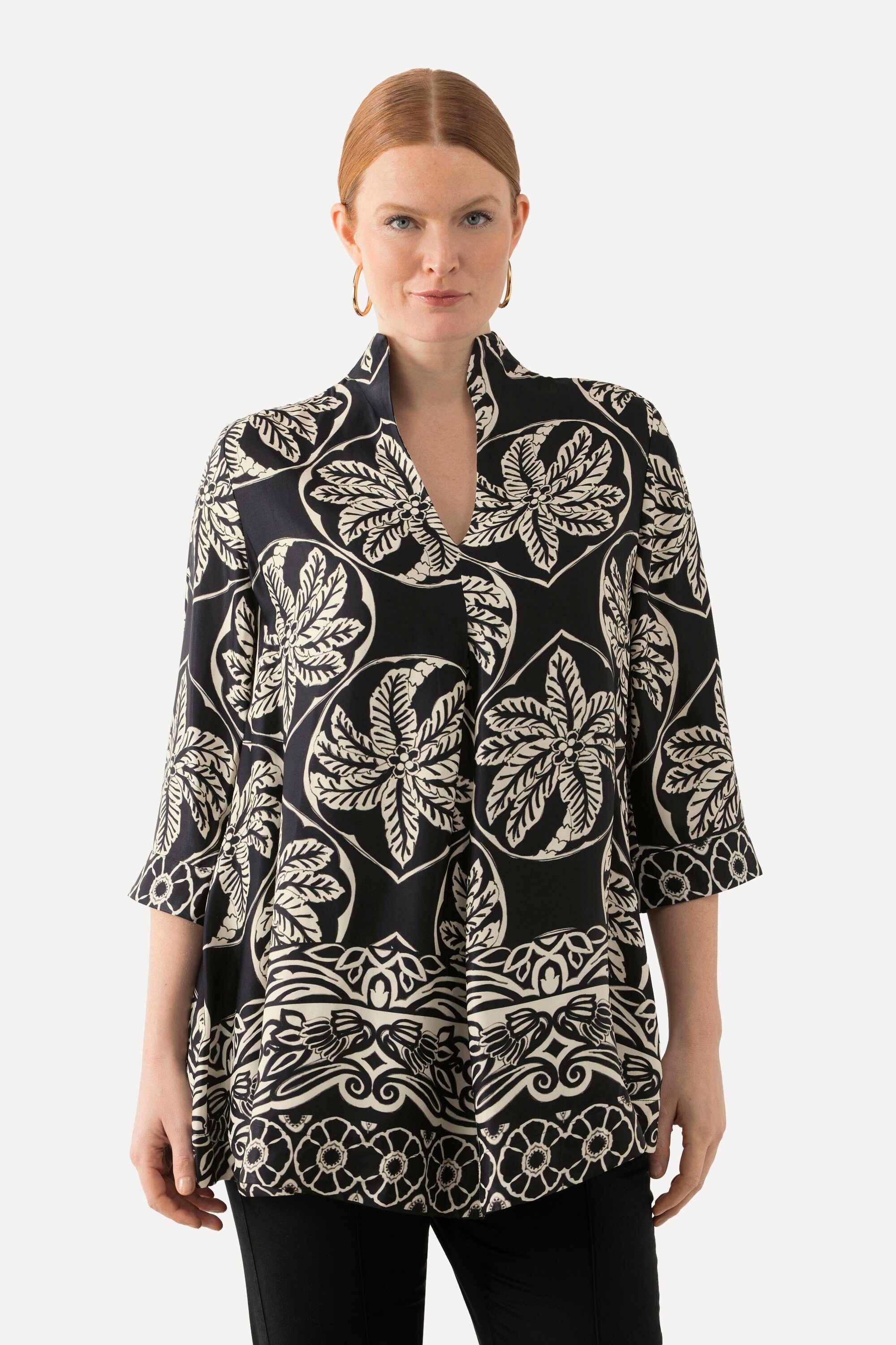 Ulla Popken Tunika Tunika Blätter V-Ausschnitt Kelchkragen 3/4-Arm