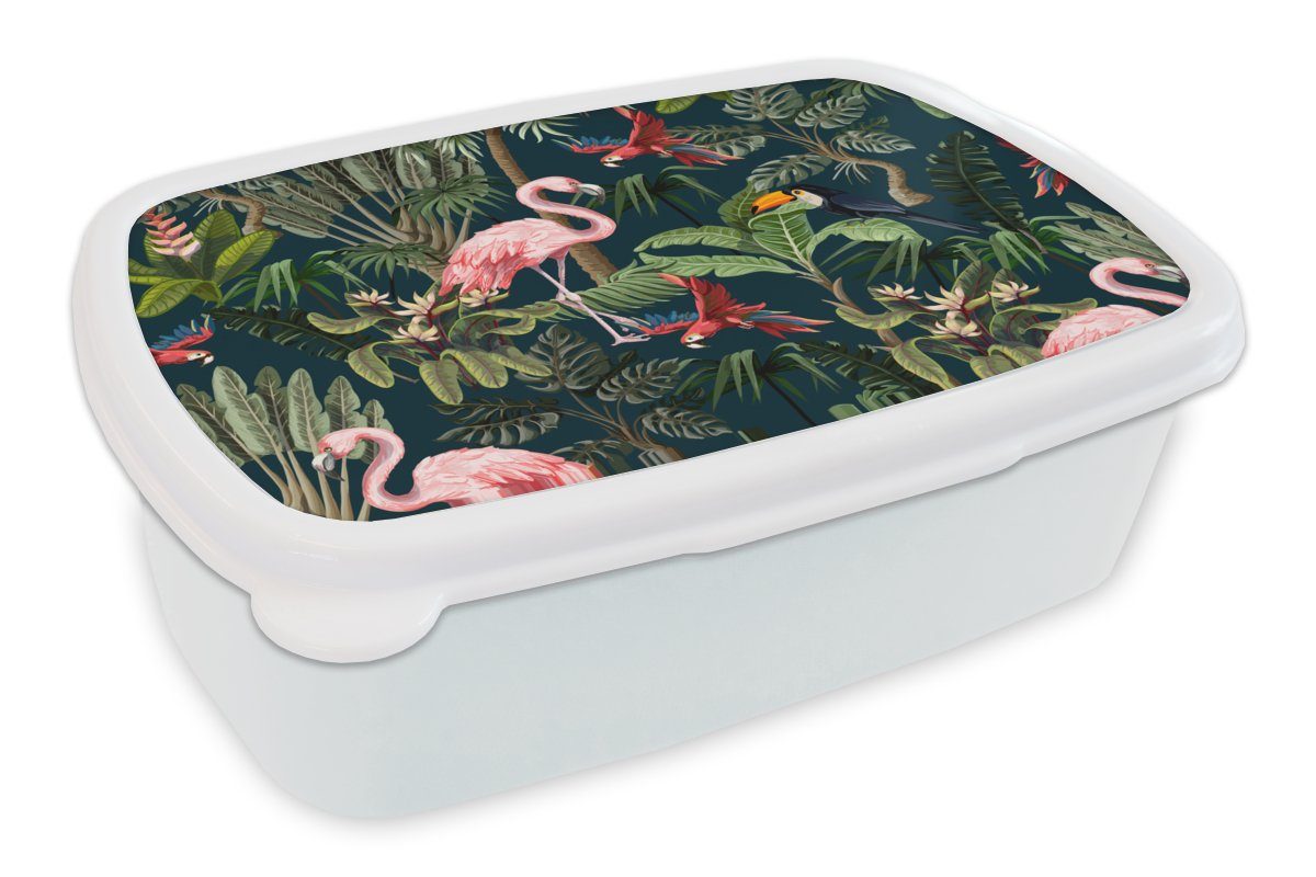 MuchoWow Lunchbox Jungtiere - Muster - Kinder - Flamingo - Papagei - Kinder, Kunststoff, (2-tlg), Brotbox für Kinder und Erwachsene, Brotdose, für Jungs und Mädchen weiß