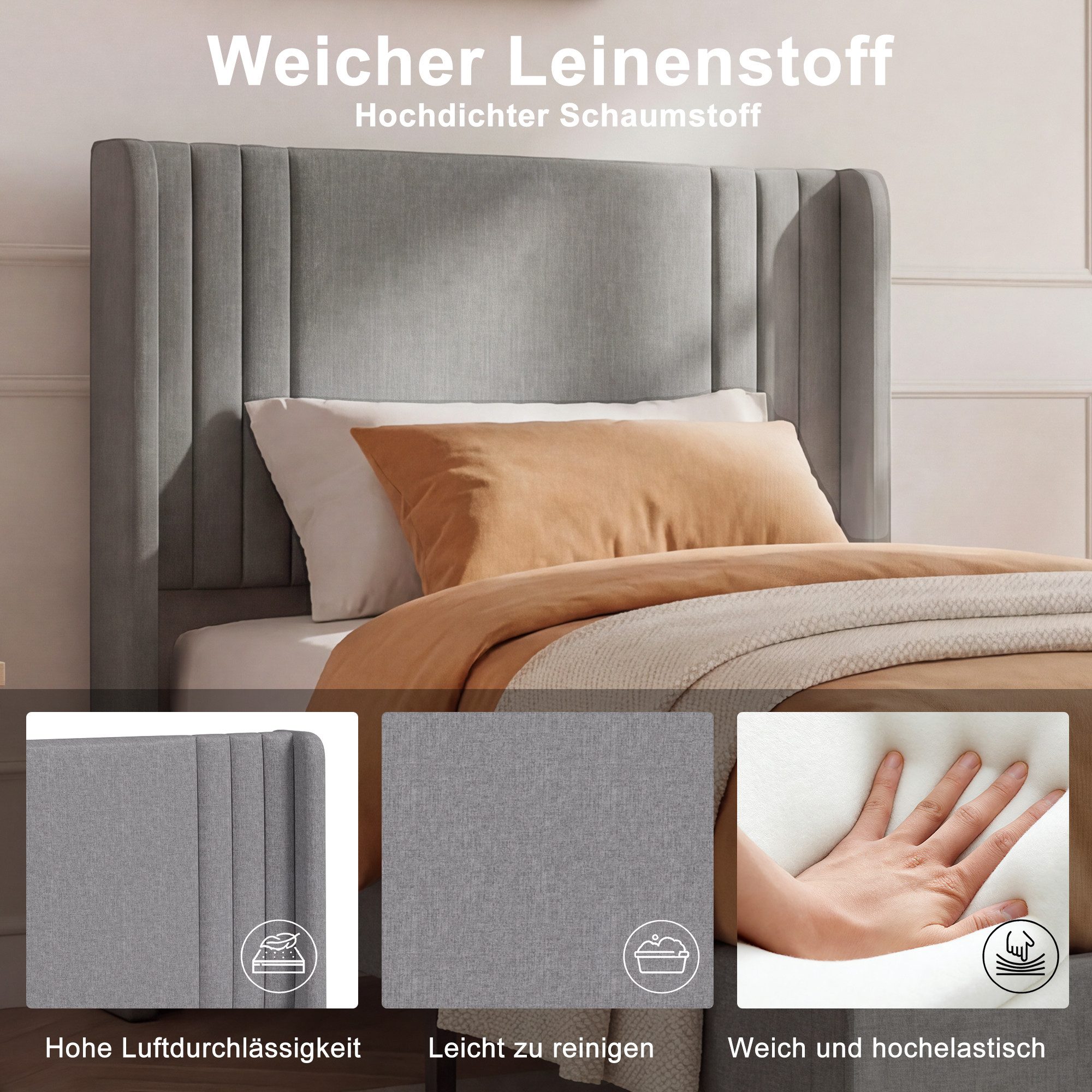 PXloue Polsterbett Daybett Jugendbett, Leinen Polsterbett, mit Lattenrost, hohem Kopfteil, 90x200 cm – Bild 4 von 5
