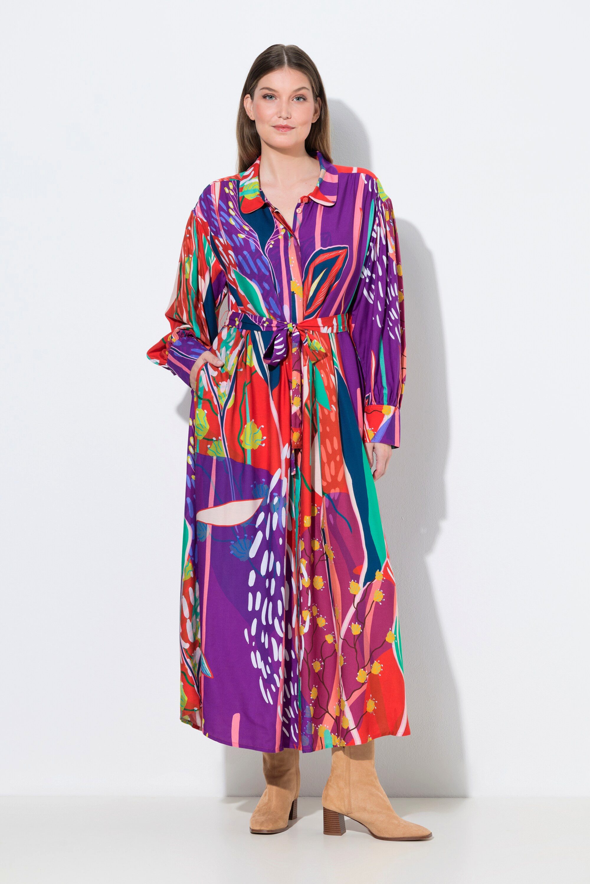 Ulla Popken Maxikleid Maxikleid Landhausdruck Hemdkragen Ballon-Langarm