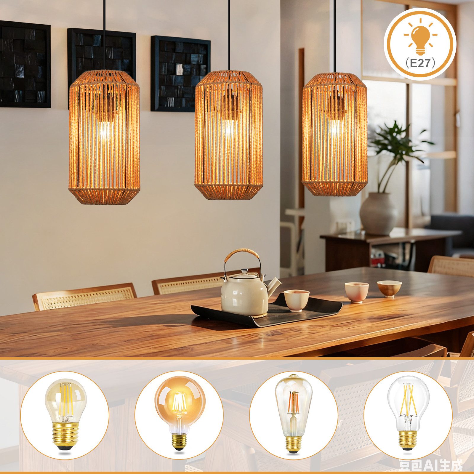 Nettlife Pendelleuchte Rattan Hängeleuchte 3 flammig Boho E27 für Esszimmer Wohnzimmer, Ohne Leuchtmittel, für Esstisch Esszimmer Schlafzimmer Wohnzimmer – Bild 2 von 5