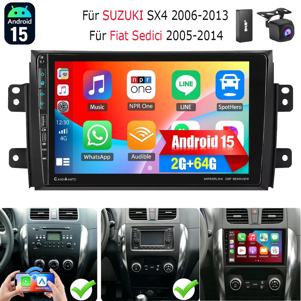 ESSGOO Für Suzuki SX4 2006-13 Fiat Sedici Android 15 Carplay GPS Navi Mit USB Autoradio (RDS, USB Type-C, 4+64GB(optional), Digitalradio (DAB), FM, AM, Carplay Android Auto Bluetooth EQ USB GPS Navi WIFI Touchscreen)