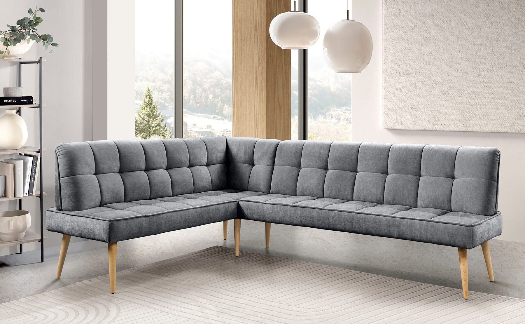 exxpo - sofa fashion Eckbank Latte, moderne Sitz- und Rückensteppung, bequem und elegant, hoher Holzfuß