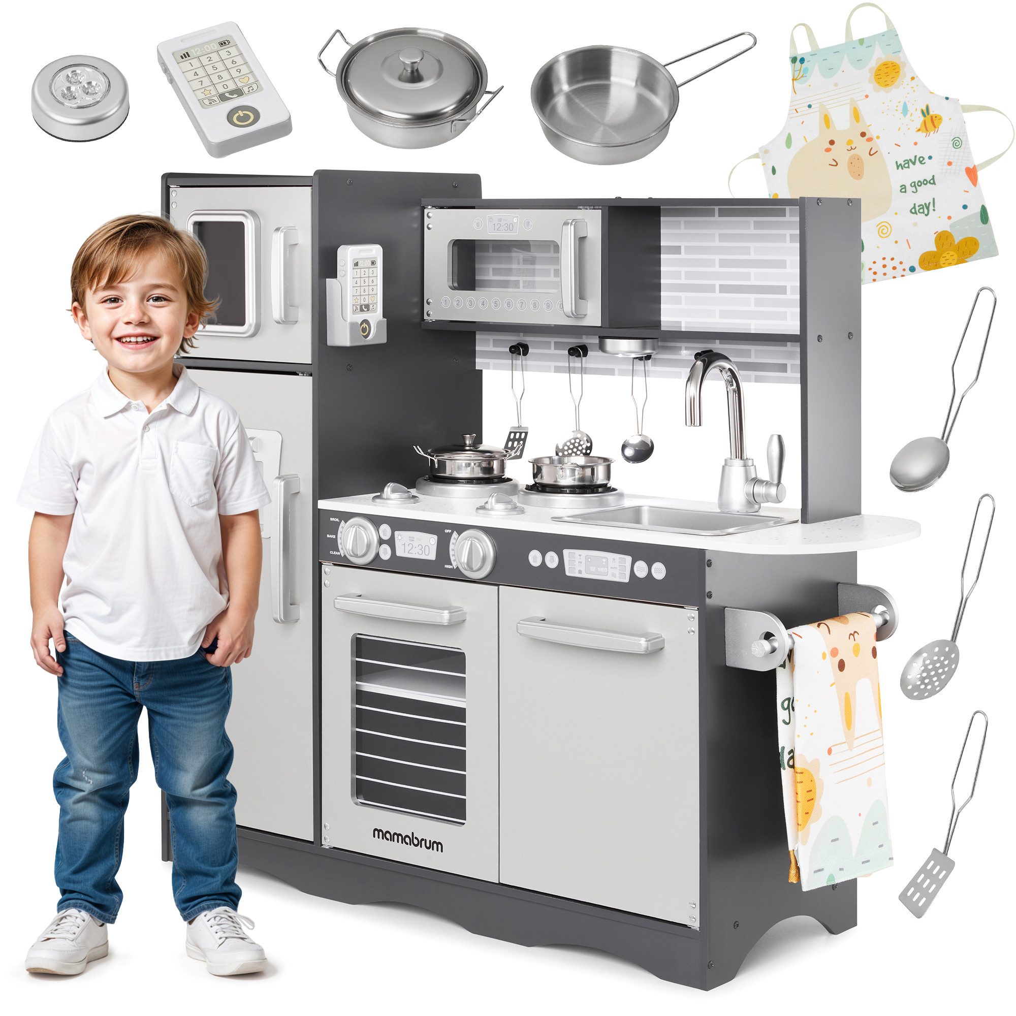 Mamabrum Kinder-Küchenset XXL-Holzküche mit LED-Beleuchtung, Schürze günstig online kaufen