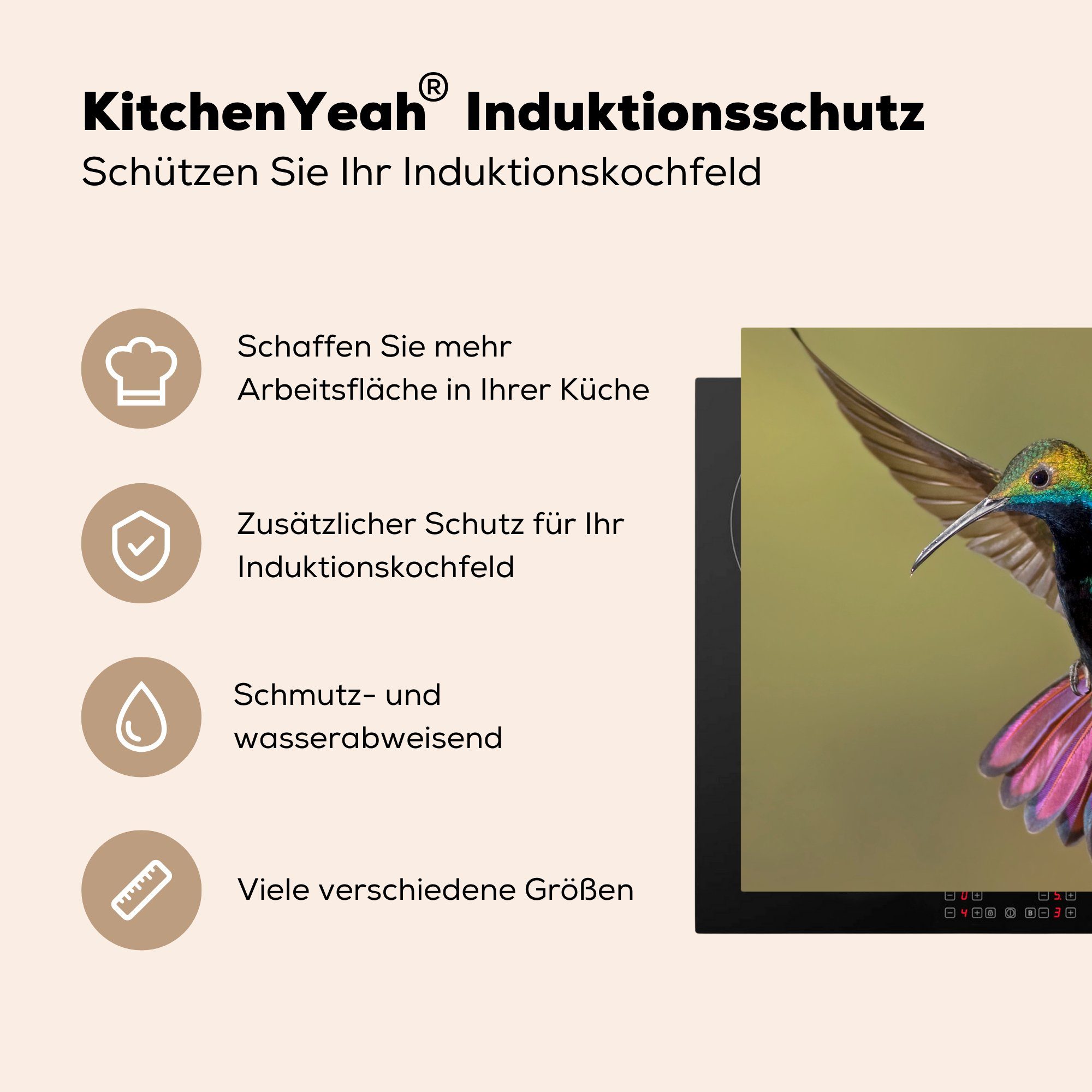 MuchoWow Herdblende-/Abdeckplatte Kolibri - (1 küche cm, Ceranfeldabdeckung, Lila, 78x78 tlg), Vinyl, Grün - für Arbeitsplatte