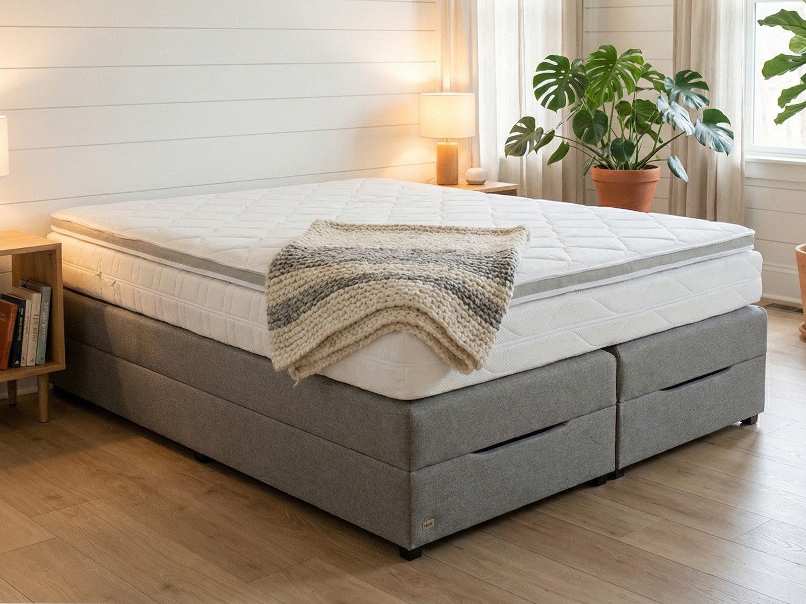 PAARA Boxspringbett ohne Kopfteil mit Bettkasten inkl. Matratze und Topper, Komplettset, mit innovativem Belüftungssystem