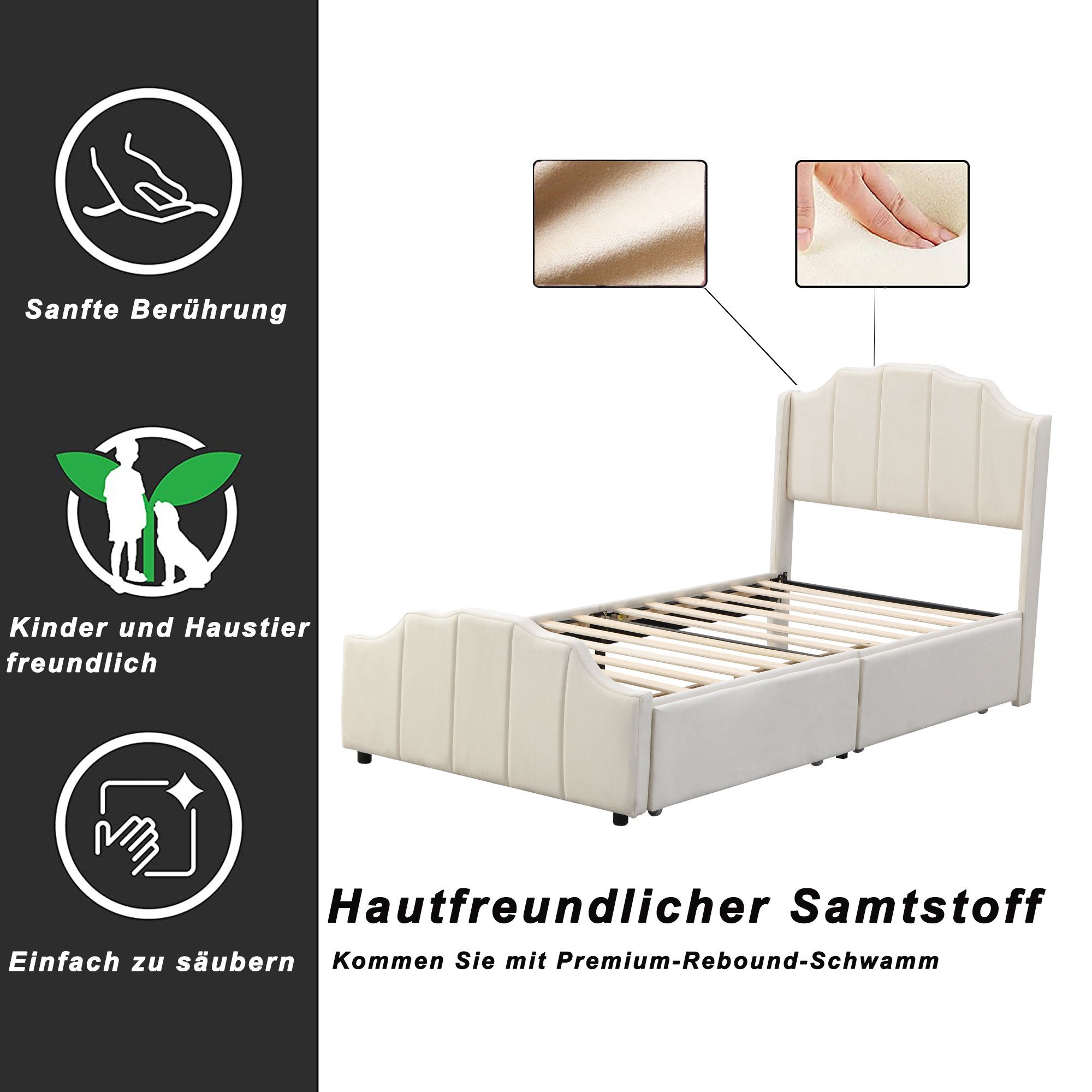Polsterbett (Kinderbett), Einzelbett 90x200cm mit 2 Schubladen & Lattenrost, weicher Samt-Bezug
