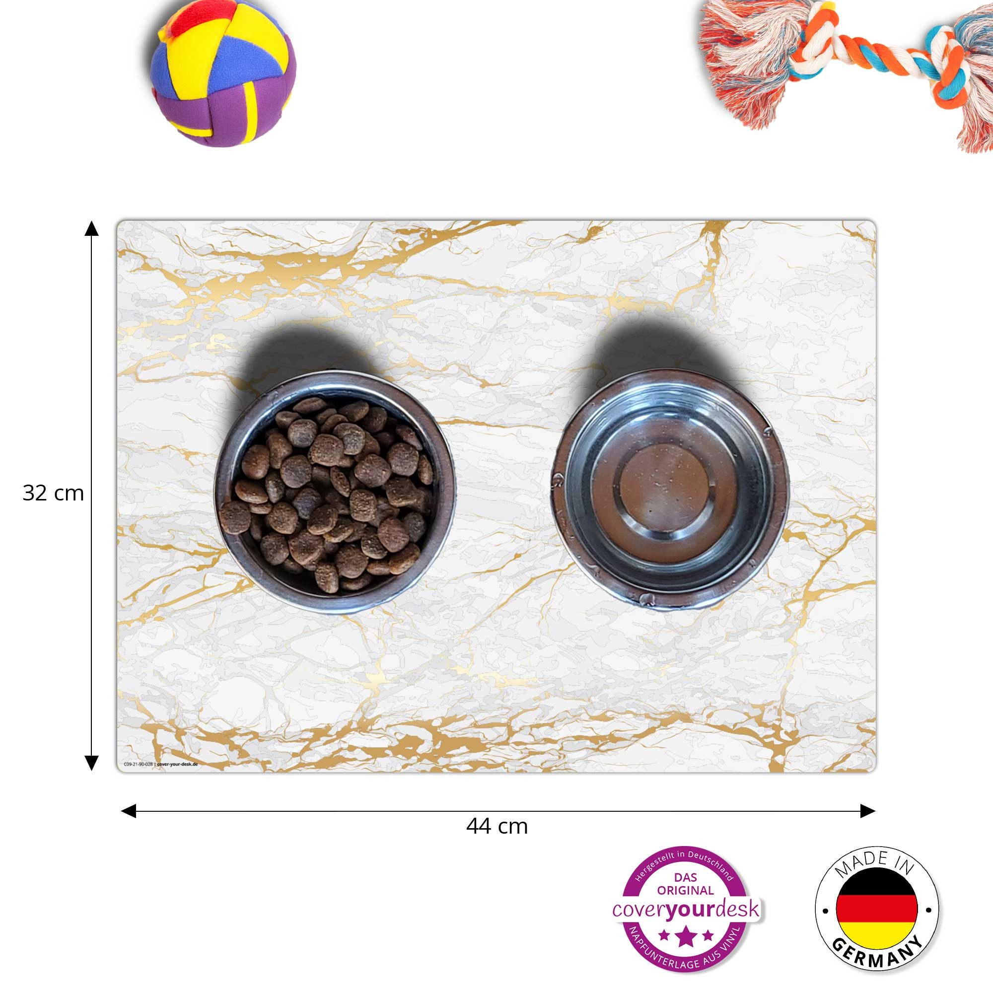 cover-your-desk.de Napfunterlage für Hunde & Katzen „Weißer Marmor mit Goldadern“ - aus Premium-Vinyl, 1-St., rutschhemmend, abwaschbar, reißfest, Made in Germany