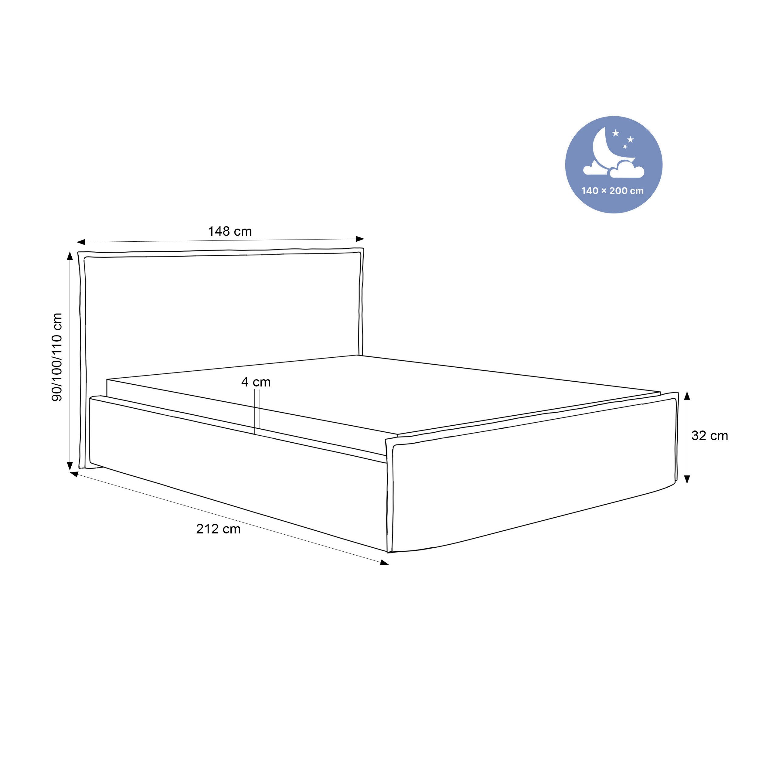 Goldstoff Polsterbett Bettgestell "SERENO" mit großem Stauraum & modernem eleganten Design (120–200x200 cm, Kopfteilhöhe 70/110 cm, Seitenhöhe: 30 cm), Bettgestell mit integriertem Stauraum & hochwertiger Verarbeitung