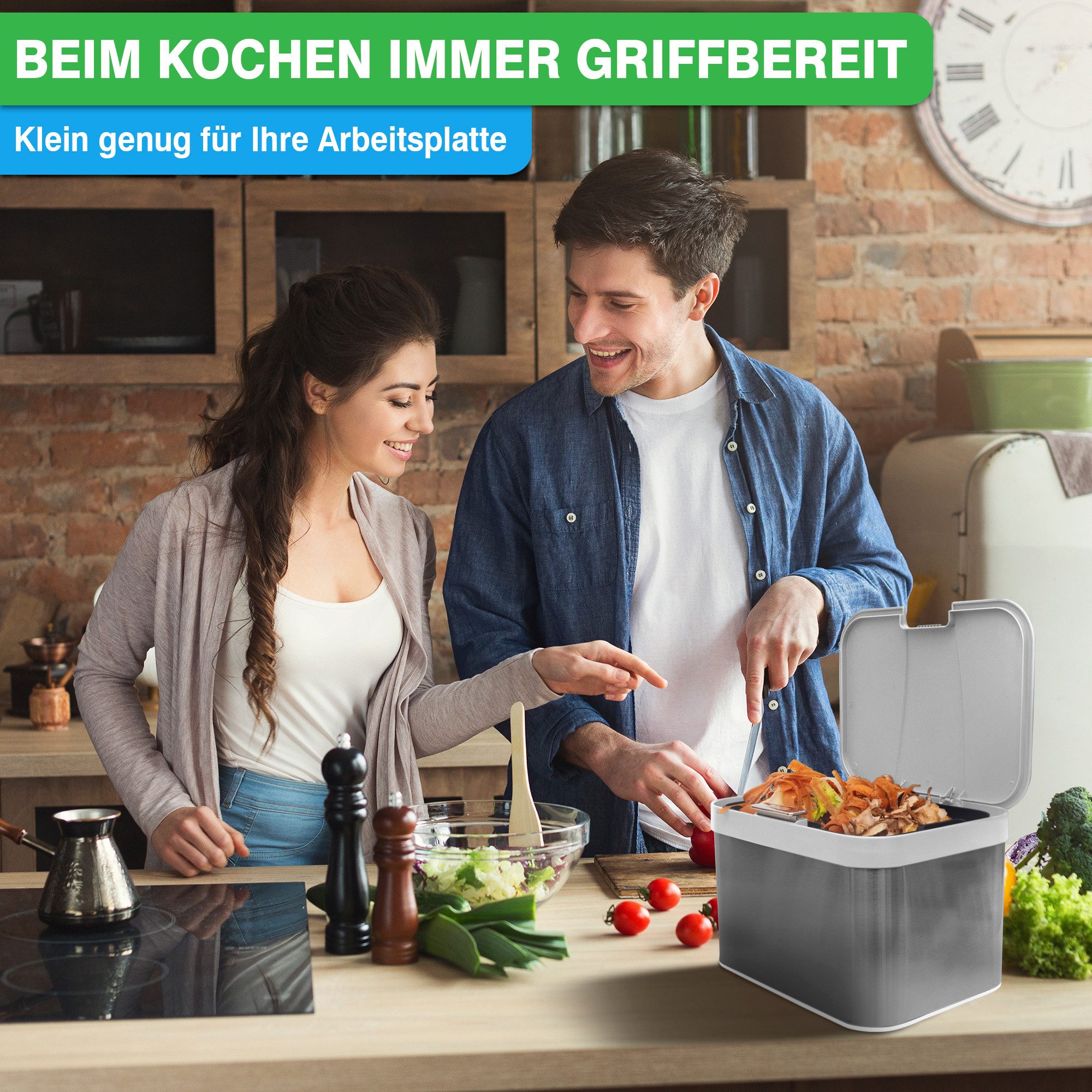 YourCasa Biomülleimer YourCasa® Biomülleimer Küche aus Edelstahl Komposteimer Küche - 4,3L, Deckel öffnet per Knopfdruck, Edelstahlgehäuße