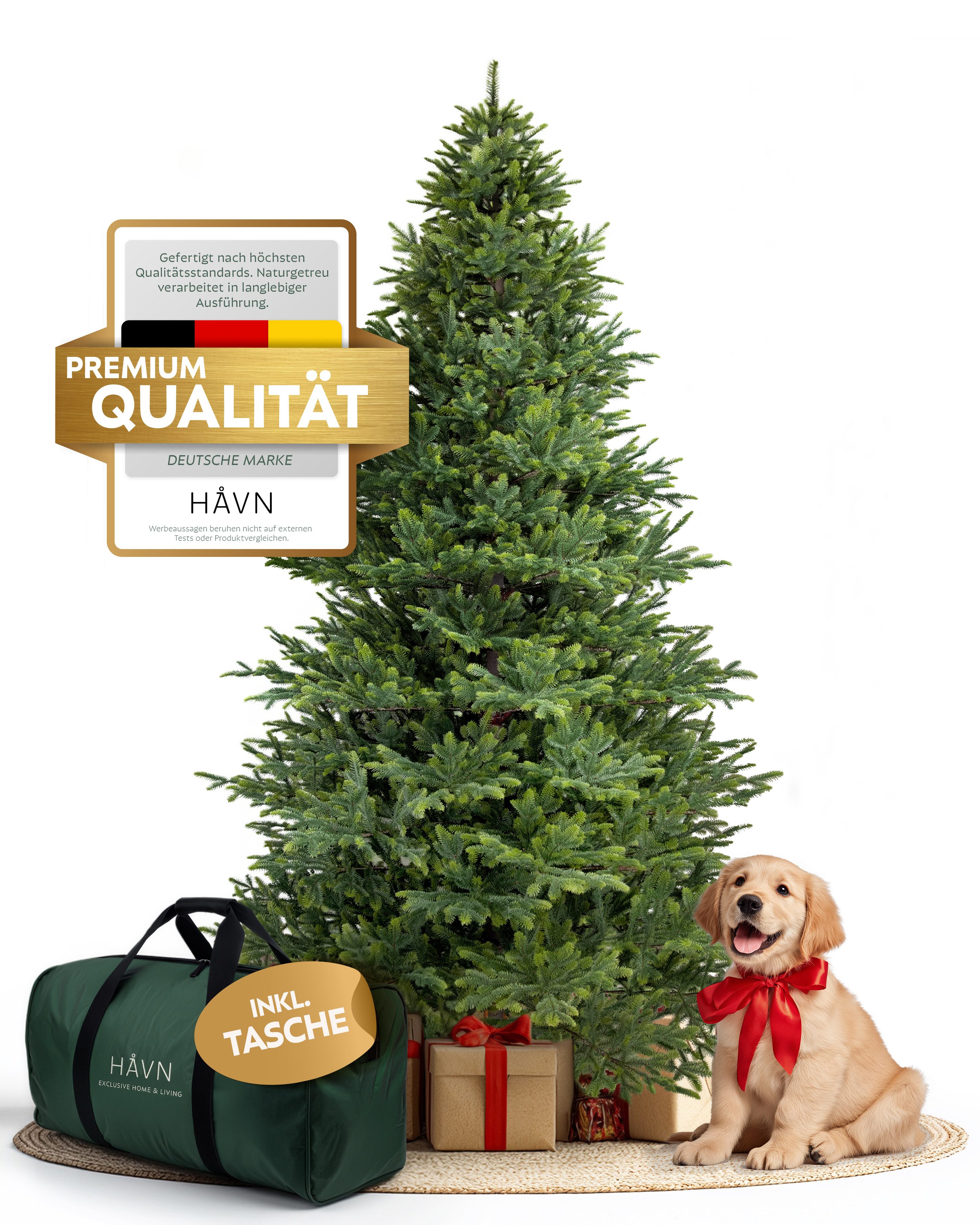 HAVN Künstlicher Weihnachtsbaum Livgrön, Tannenbaum in Nordmanntannen-Optik, 100 % Spritzguss-PE, Nordmanntanne, Biegesystem mit Gelenken, mit Massivholzständer und Tasche