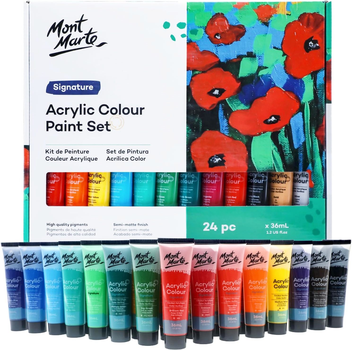 Mont Marte Acrylfarbe Künstler-Set, wählbar aus 18 x, 24 x, 36 x oder 48 x in je 36 ml Tuben, Verschiedene Sets zur Auswahl