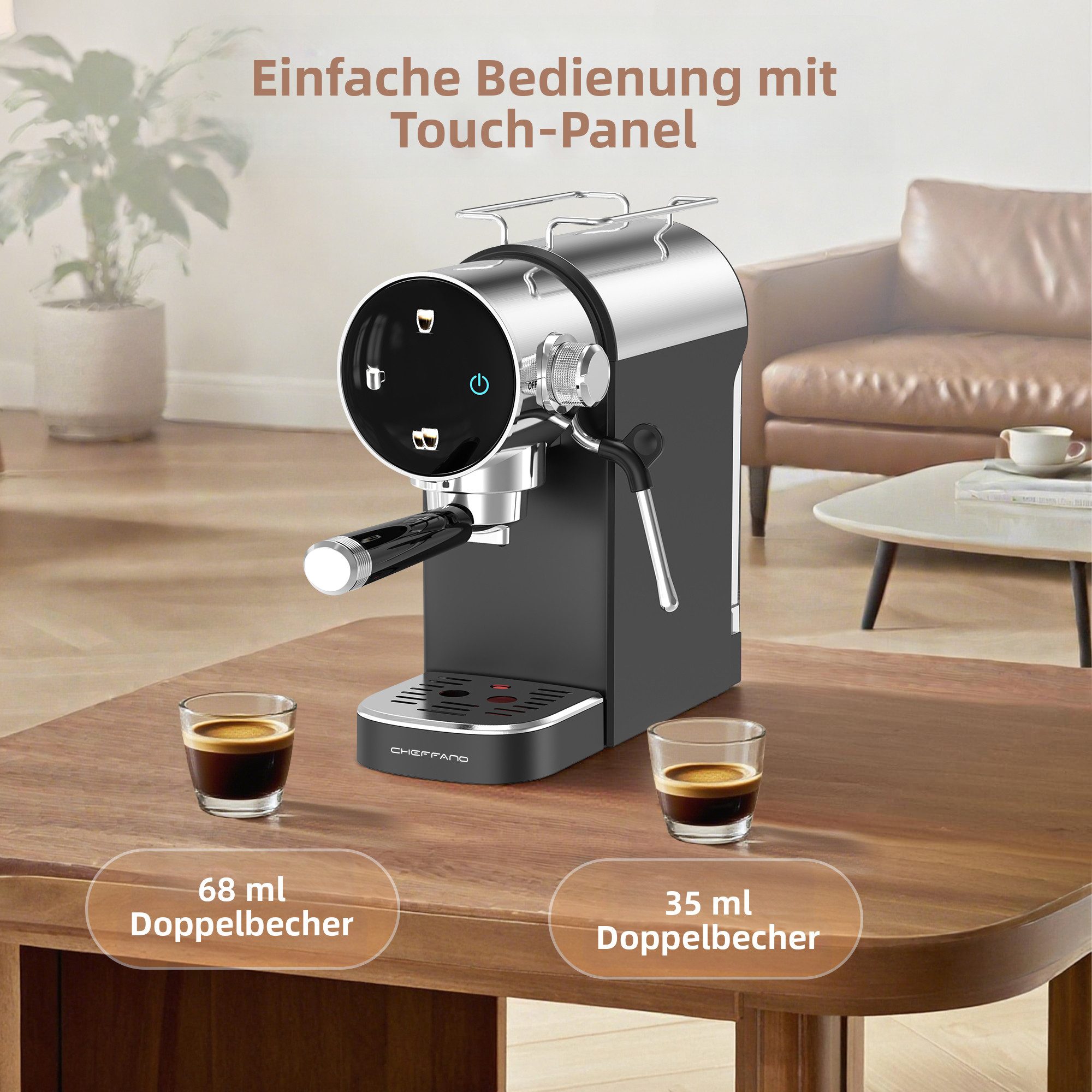 CHEFFANO Espressomaschine 20Bar mit Milchaufschäumer, Touchpanel & Wassertank, 5.5cm, Extraktion