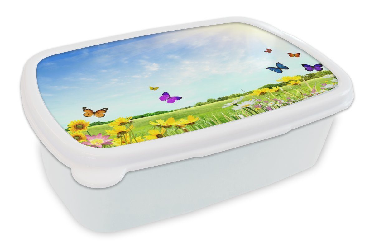 MuchoWow Lunchbox Blumen - Schmetterlinge - Sommer, Kunststoff, (2-tlg), Brotbox für Kinder und Erwachsene, Brotdose, für Jungs und Mädchen weiß