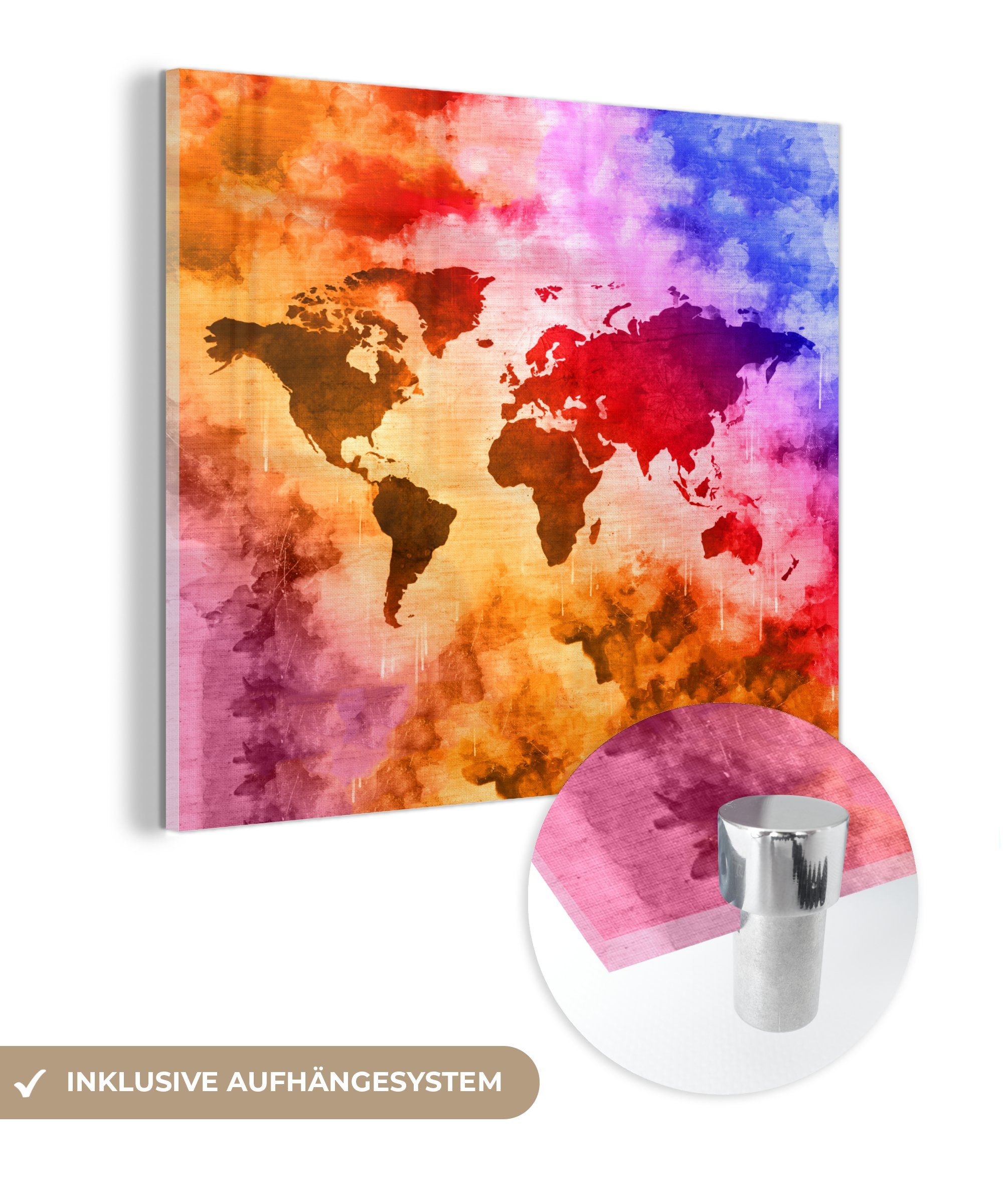 MuchoWow Acrylglasbild Weltkarte - Farben - Rauch, (1 St), Glasbilder - Bilder auf Glas Wandbild - Foto auf Glas - Wanddekoration | Bilder