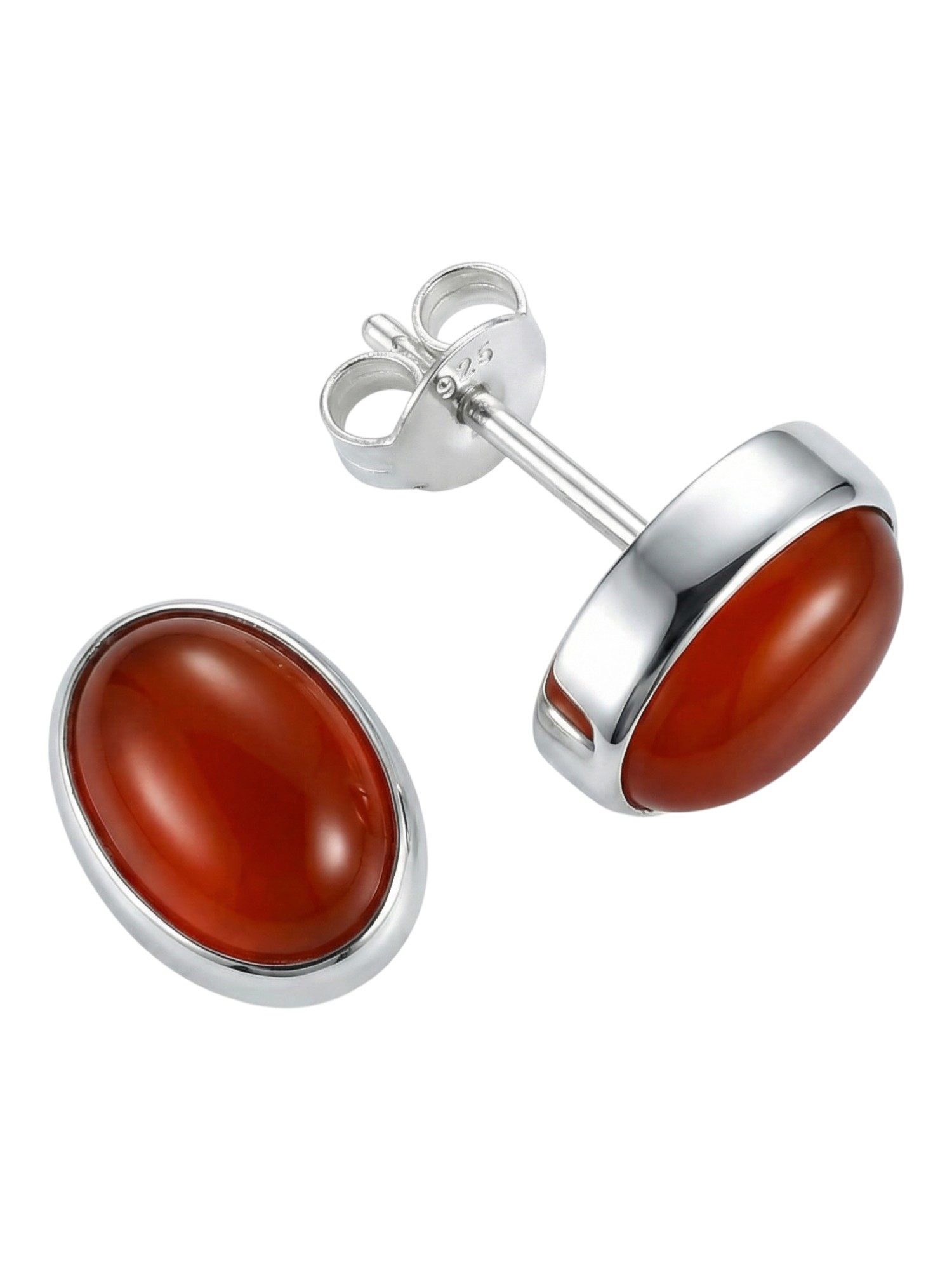 mantraroma Paar Ohrstecker SAMA oval aus 925 Silber mit Karneol (Paar, Paar Ohrringe mit Schmuckbeutel), 925 Sterling Silber Ohrringe für Damen