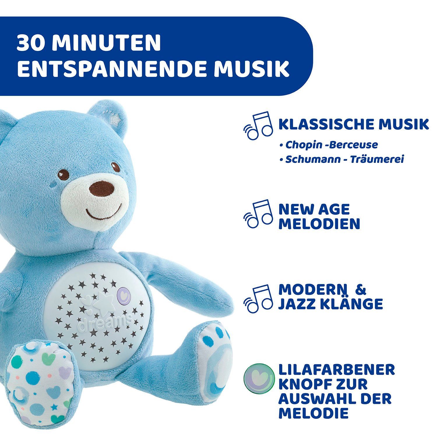 Chicco Kuscheltier First Dreams Baby Bär, Hellblau, mit Lichtprojektion und Soundfunktion – Bild 3 von 5