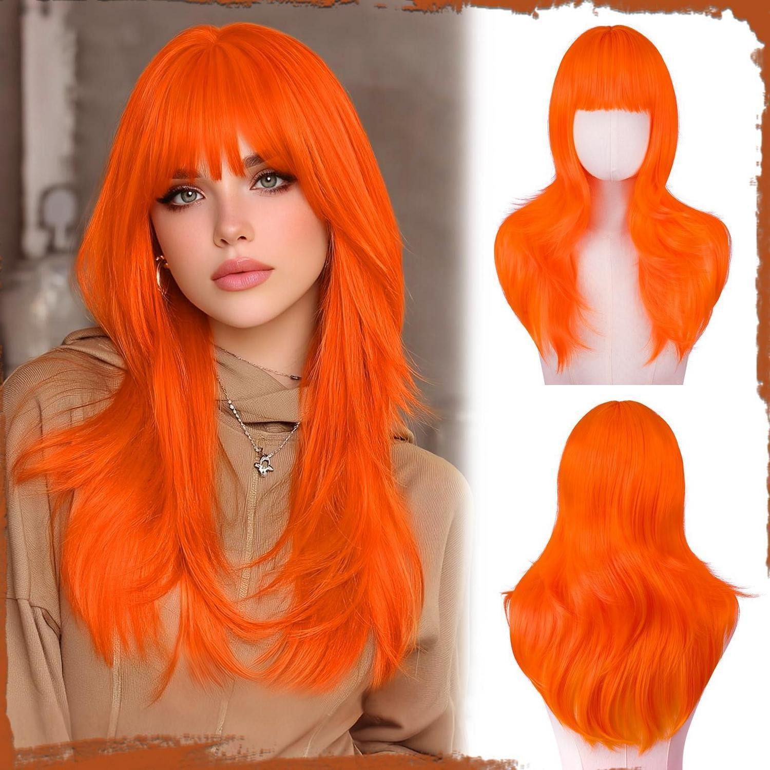 LuxusKollektion Kunsthaarperücke Perücke Pony Frauen lang synthetisch wellig 60cm Halloween Orange