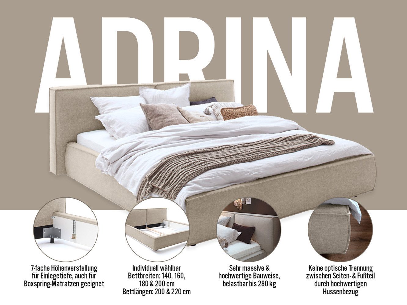 Home affaire Polsterbett Adrina mit Biesenoptik, Feincord und Luxus-Microfaser, bis 280kg, auch in Überlänge 220 cm, 4 Breiten bis 200cm