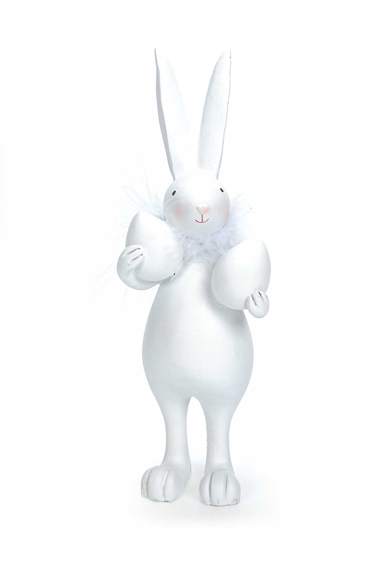Bubble-Store Osterhase Osterfigur (Oster Deko Figur), Osterhase weiß mit Federboa und 2 Ostereiern