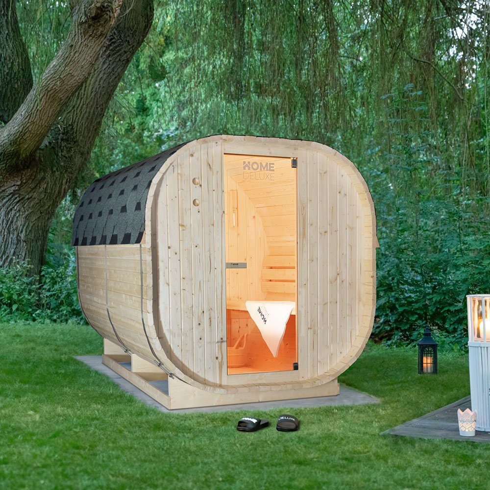 HOME DELUXE Sauna Outdoor Sauna CUBE - Größenauswahl, BxTxH: 194 x 180 x 185 cm, 38,00 mm, (inkl. 6 kW Saunaofen & Saunazubehör) Saunahaus aus Fichtenholz I Gartensauna