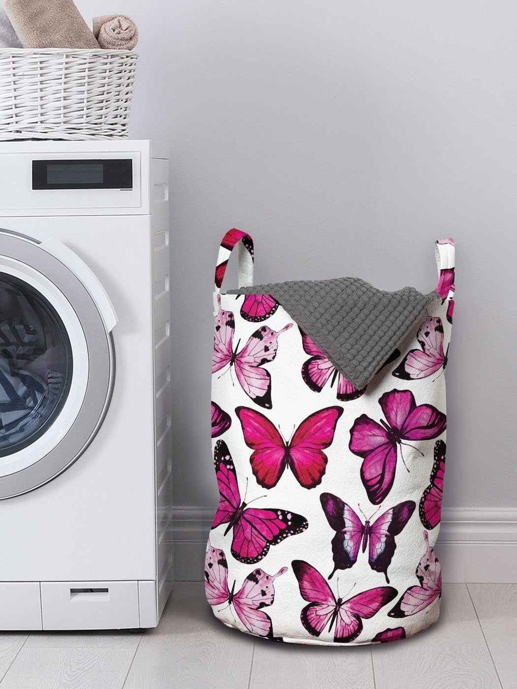 mit Kordelzugverschluss Griffen Waschsalons, zarte Schmetterlinge Wäschekorb für Wäschesäckchen Abakuhaus Weiß Pink und