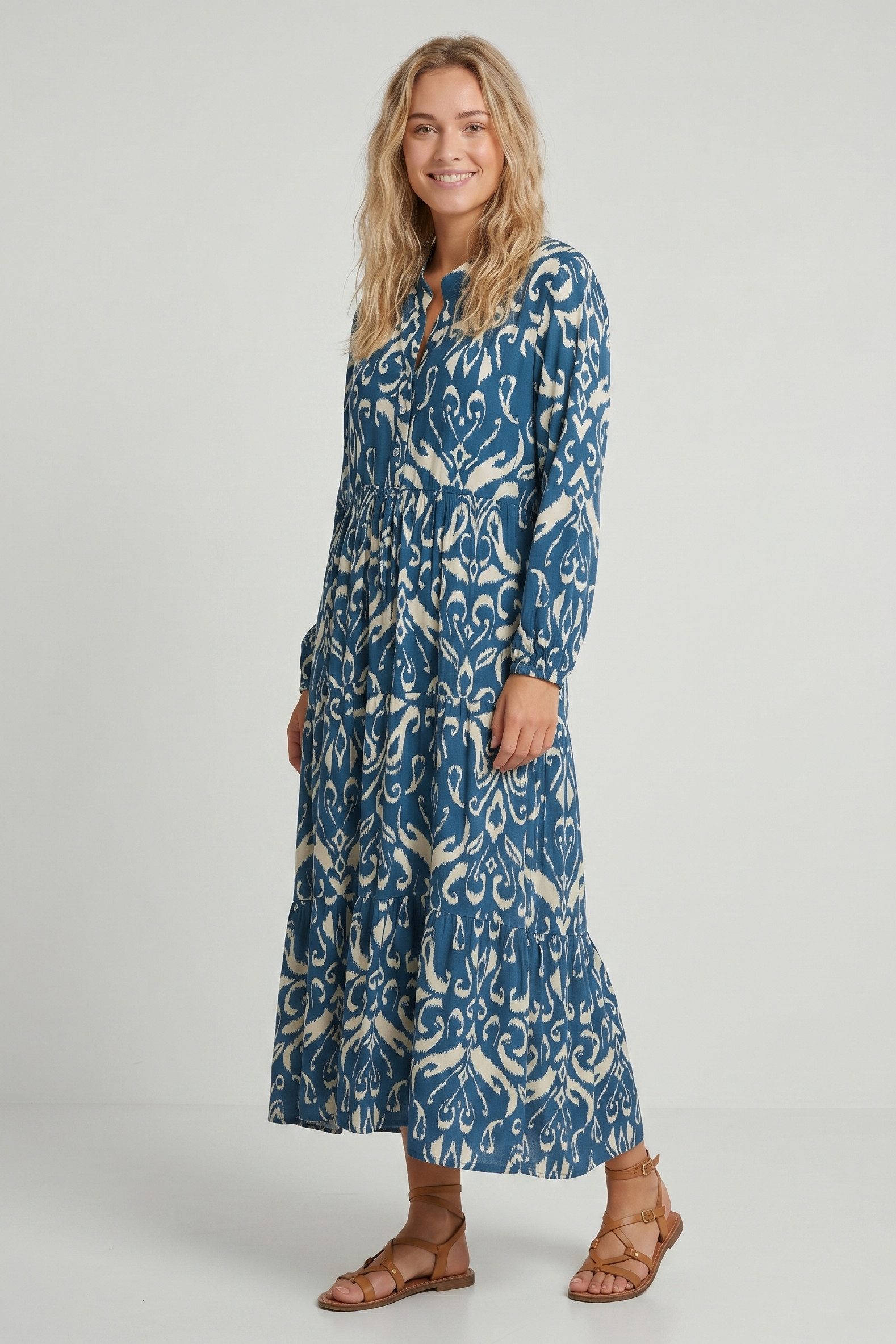 Kendindza Collection Sommerkleid Sommerkleid Damen Lang Viskose Elegantes Maxikleid lang Maxi Kleid Ikat-Print Knopfleiste & Schnurbund, Luftig Leicht