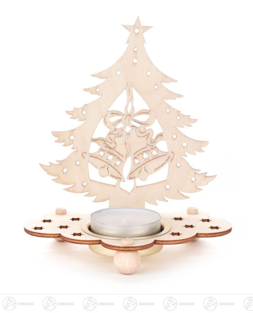 Dregeno Erzgebirge Teelichthalter Teelichthalter Baum mit Glocken Breite x Höhe x Tiefe 12 cmx12,5 cmx, Laubsägeoptik Weihnachtsbaummotiv