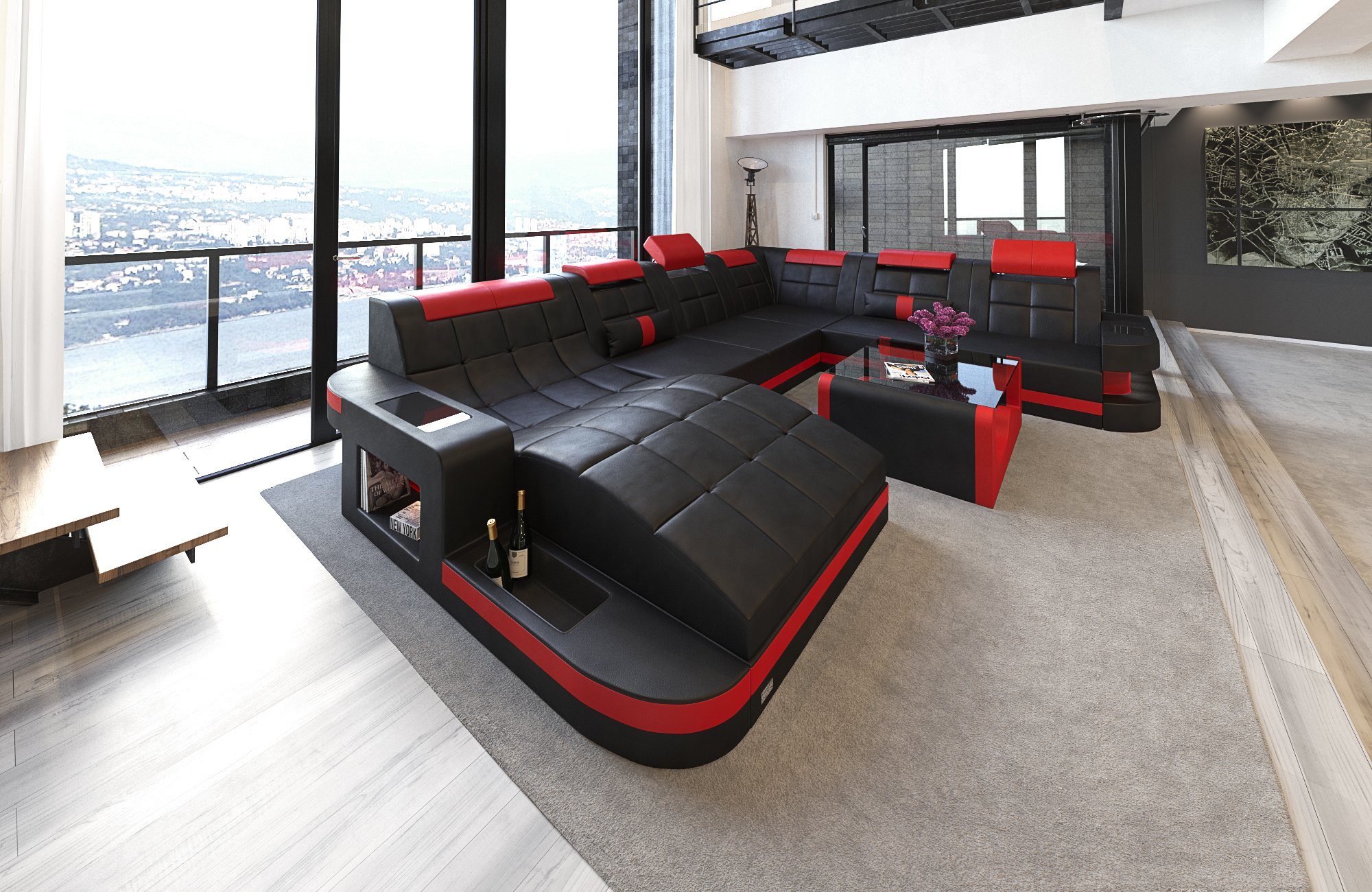 Sofa Dreams Wohnlandschaft Leder Sofa Ledercouch Wave XXL Ledersofa, Couch, mit ergonomischen Ottomane und LED Beleuchtung