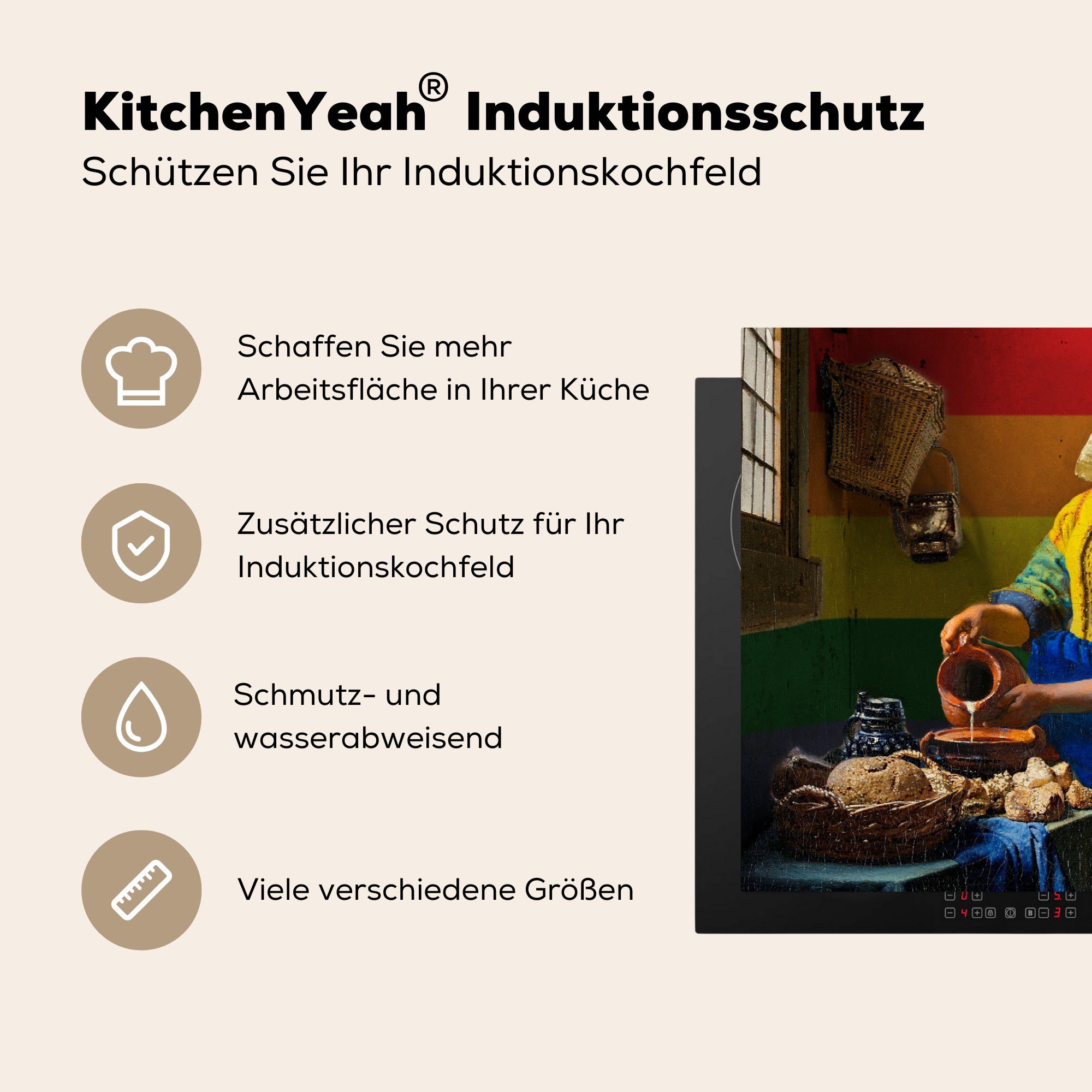 Vinyl, cm, - tlg), Milchmädchen die Stolz, Ceranfeldabdeckung Herdblende-/Abdeckplatte - Schutz für küche, Induktionskochfeld Vermeer (1 81x52 MuchoWow