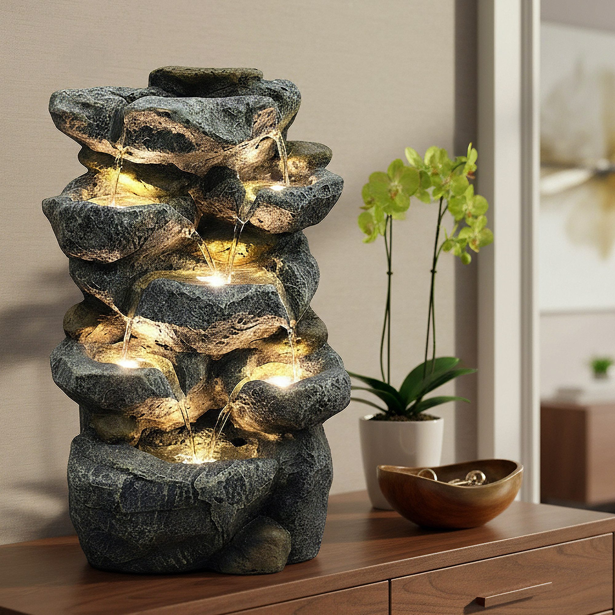 Arnusa Gartenbrunnen Zimmerbrunnen Wasserfall BK802 Gartendekoration Felsen warmweiß, Springbrunnen mit Beleuchtung komplett Set