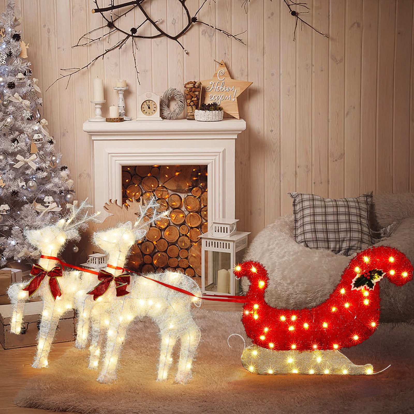 VINGLI LED-Dekofigur Leuchtendes Weihnachtsdeko, 3-teiliges Rentier-Familien-Set, 2D Rentier-Duo mit Schlitten, 135 Warmweißen LEDs, Wetterfest, 60 cm