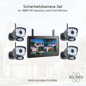 Elro CZ60RIPS-4 Überwachungskamera (Außen-und Innenbereich, Set, 5-tlg., 4x Überwachungskamera, 1x Monitor, Drahtlose Verbindung zwischen Kamera und Bildschirm bis 150m)
