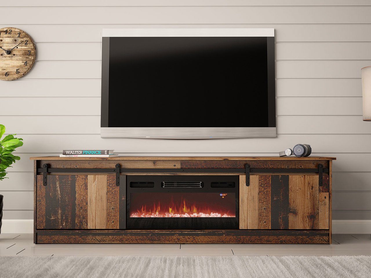 Realistische Wood Granero TV-Schrank (mit LED-Flamme Mirjan24 200 Old Kamin mit Schiebetüren) cm, 2 200x35x57