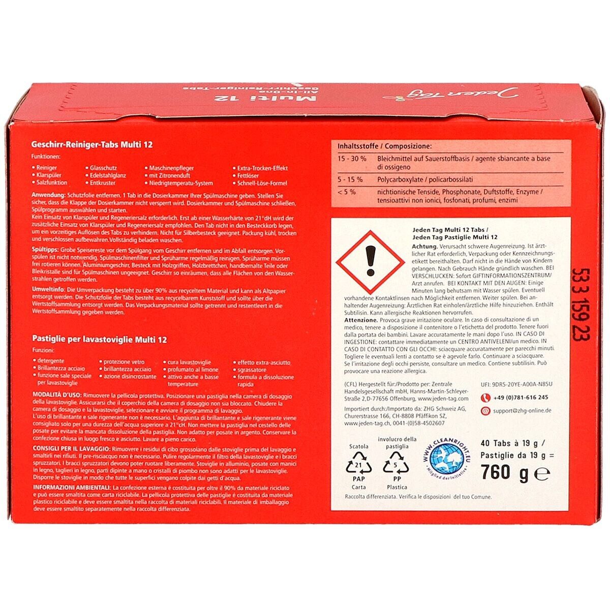 Jeden Tag Multi 12 Spülmaschinentabs (40 Tabs, All-In-One)