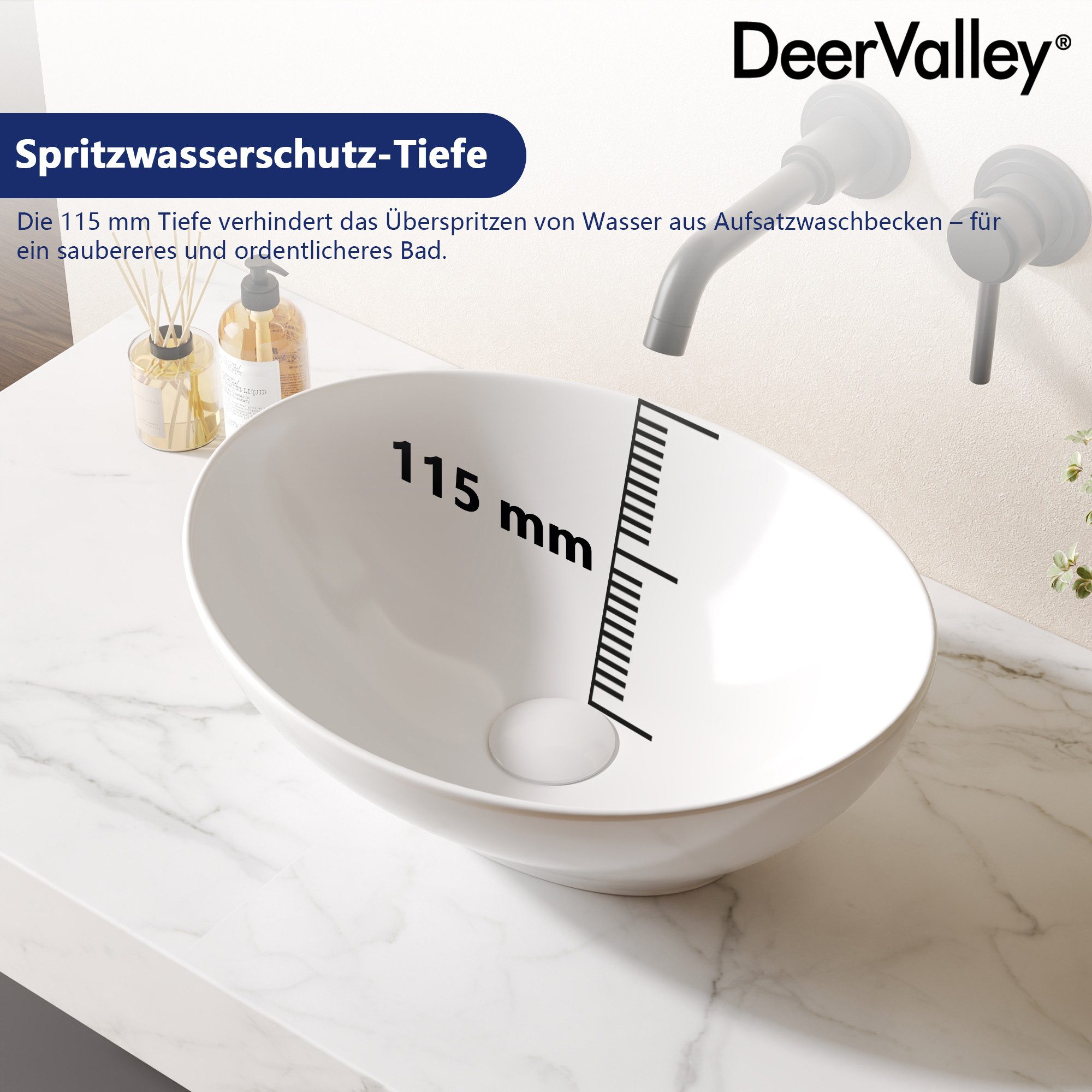 DeerValley Aufsatzwaschbecken DeerValley Oval Keramik Aufsatzwaschbecken Badezimmer Gäste-WC 40x33cm (Packung, ohne Armatur und Ablaufgarnitur), Ovale Keramik-Waschschale ohne Hahnloch und Überlauf