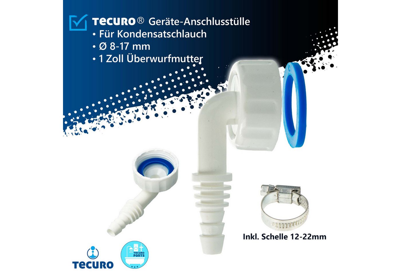 Thumbnail - tecuro Anschluss-Set Geräte-Anschlusstülle f. Kondensatschlauch Ø 8-17 mm,1 Zoll Überwurfm., Anschluss kürzbar