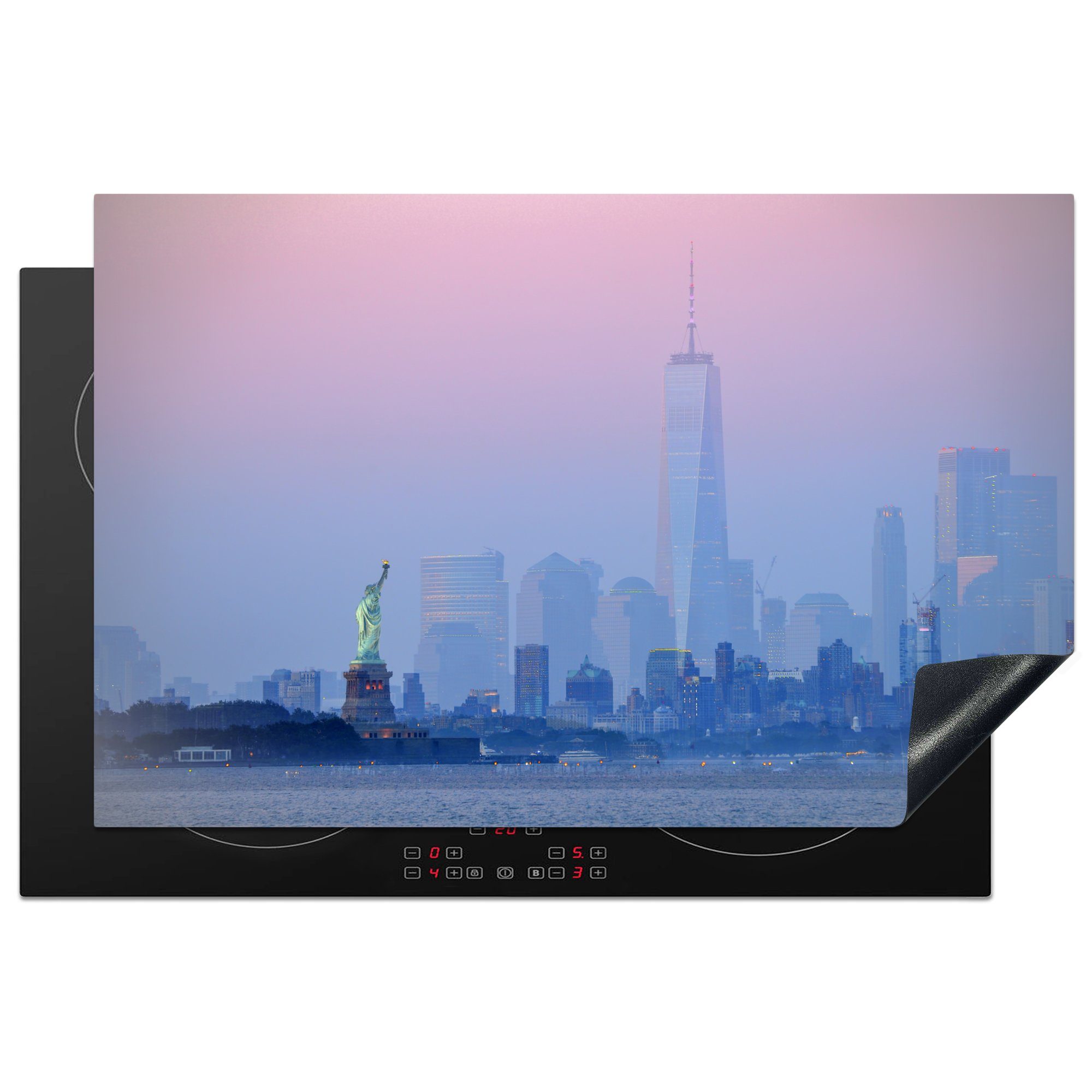 MuchoWow Herdblende-/Abdeckplatte Freiheitsstatue und die New Yorker Skyline, Vinyl, (1 tlg), 81x52 cm, Induktionskochfeld Schutz für die küche, Ceranfeldabdeckung