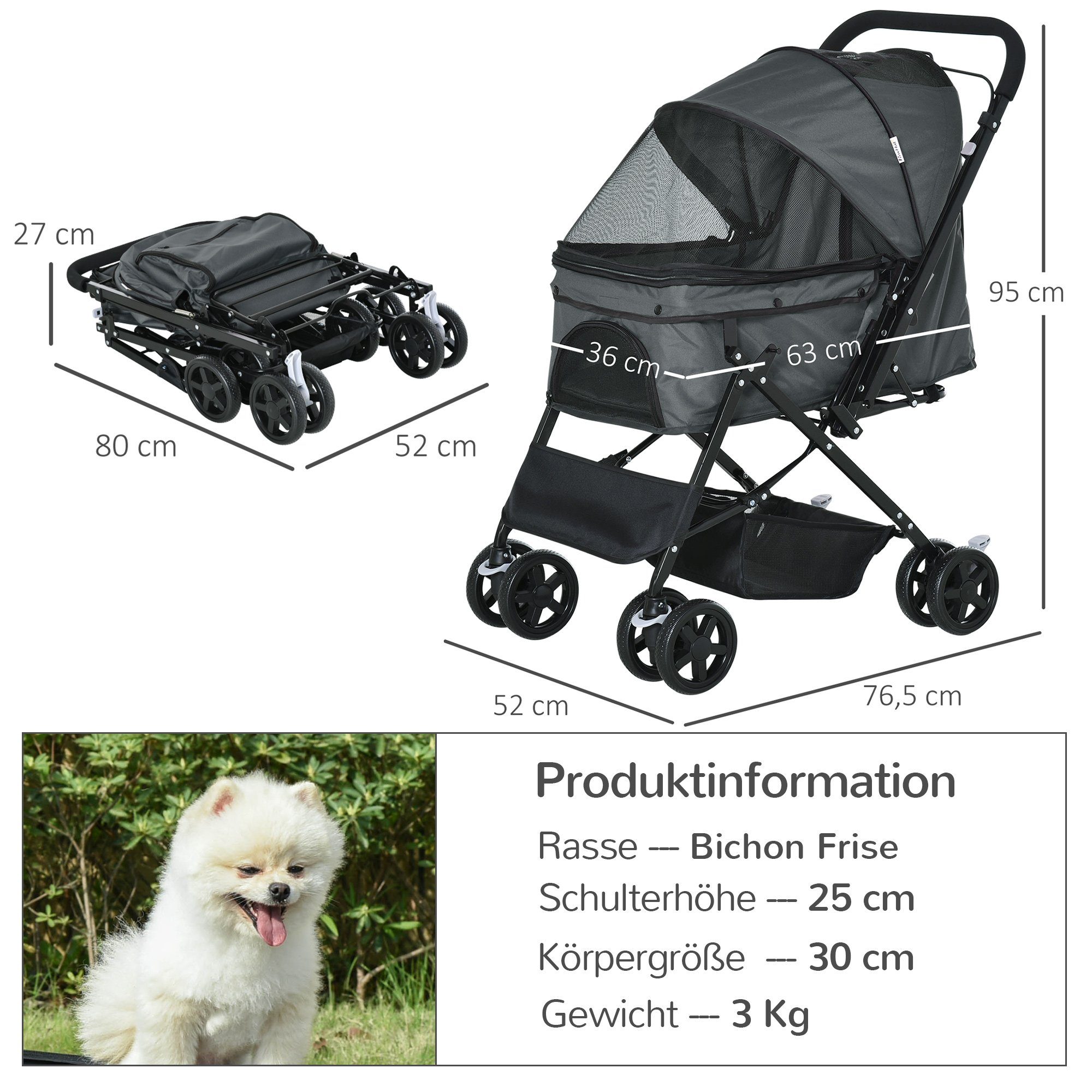 PawHut Hundebuggy Hundewagen Buggy Pet Stroller Oxford dunkelgrau, (Haustierwagen, 1-tlg), für kleine Hunde und Katzen, Oxford Dunkelgrau76,5 x 52 x 95 cm