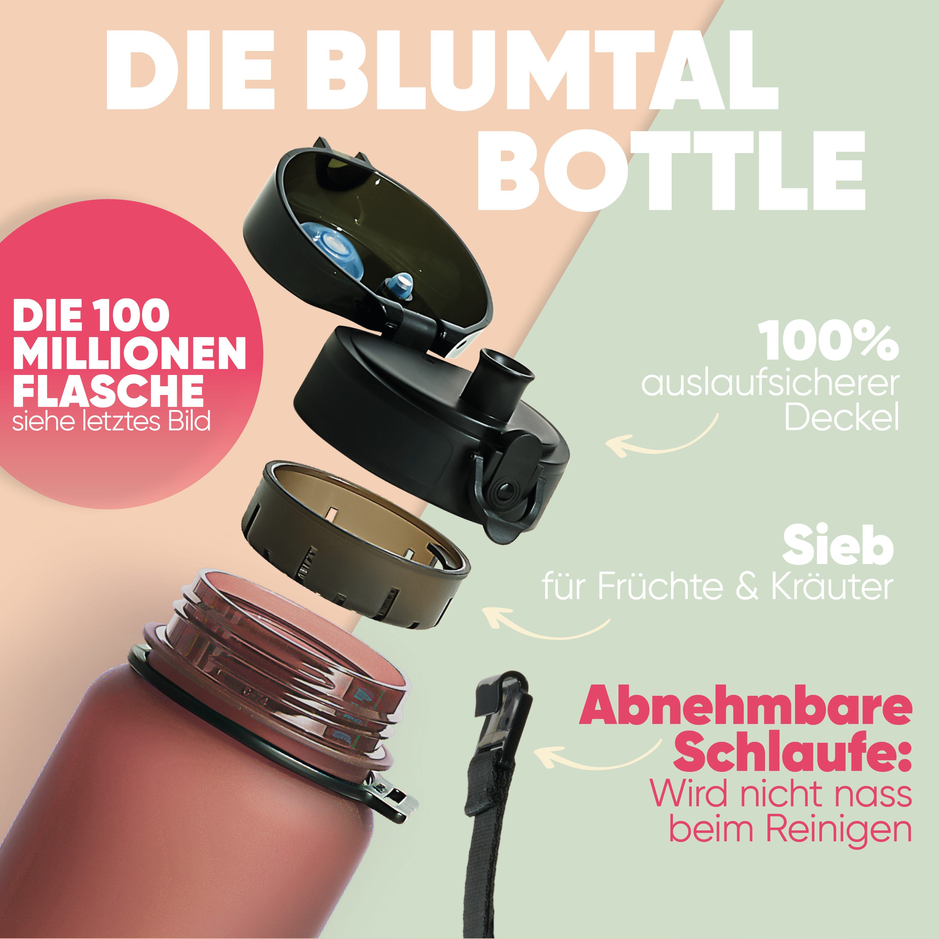 Blumtal Trinkflasche auslaufsichere Trinkflasche Sport + 1-Klick-Verschluss, BPA-freie Wasserflasche mit Sieb - spülmaschinenfest