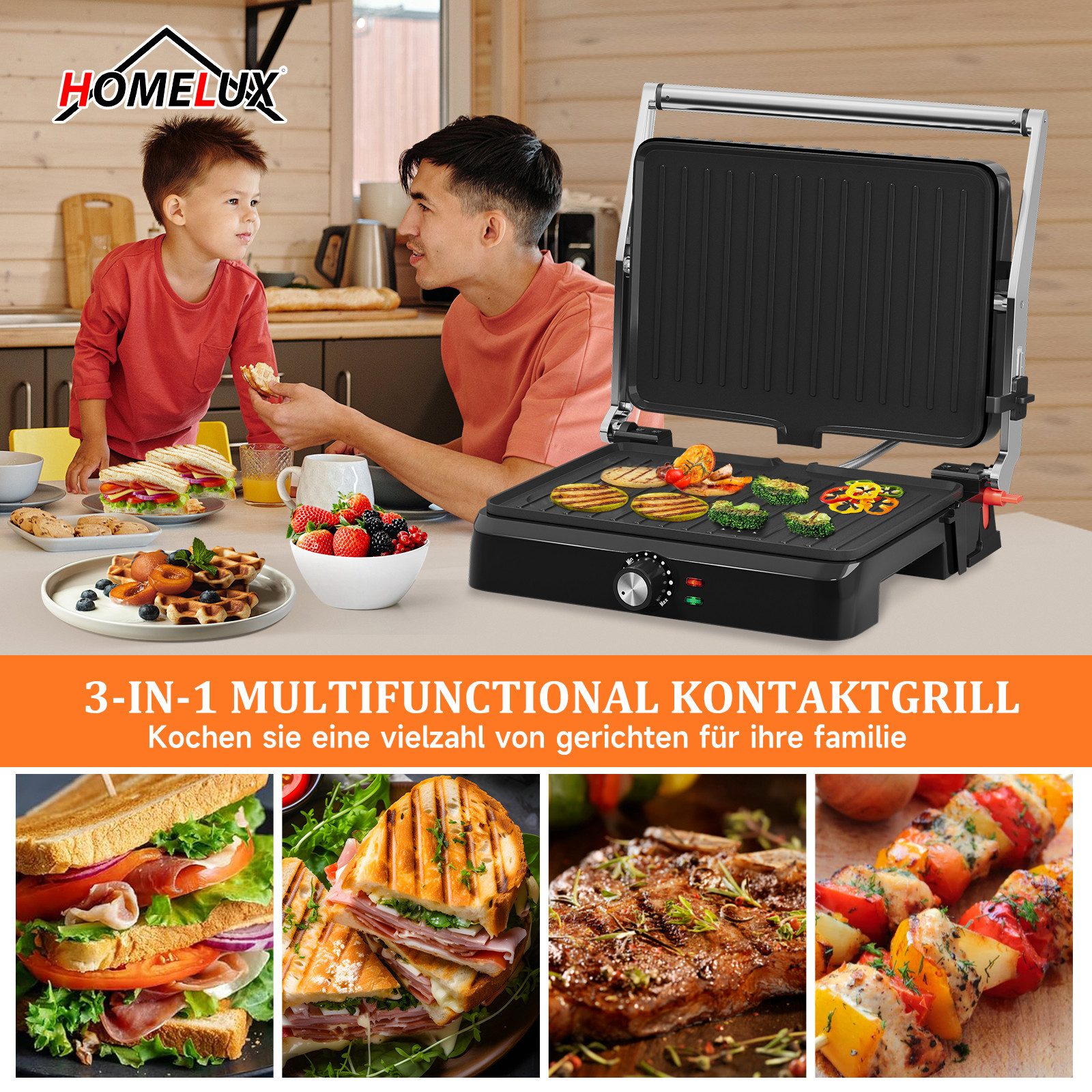 HOMELUX Elektrogrill Kontaktgrill 3 in 1 Multigrill, 2200W Grill, Elektrischer Optigrill, 2200,00 W, Antihaftbeschichtet, Edelstahl Tischgrill mit Zubehör