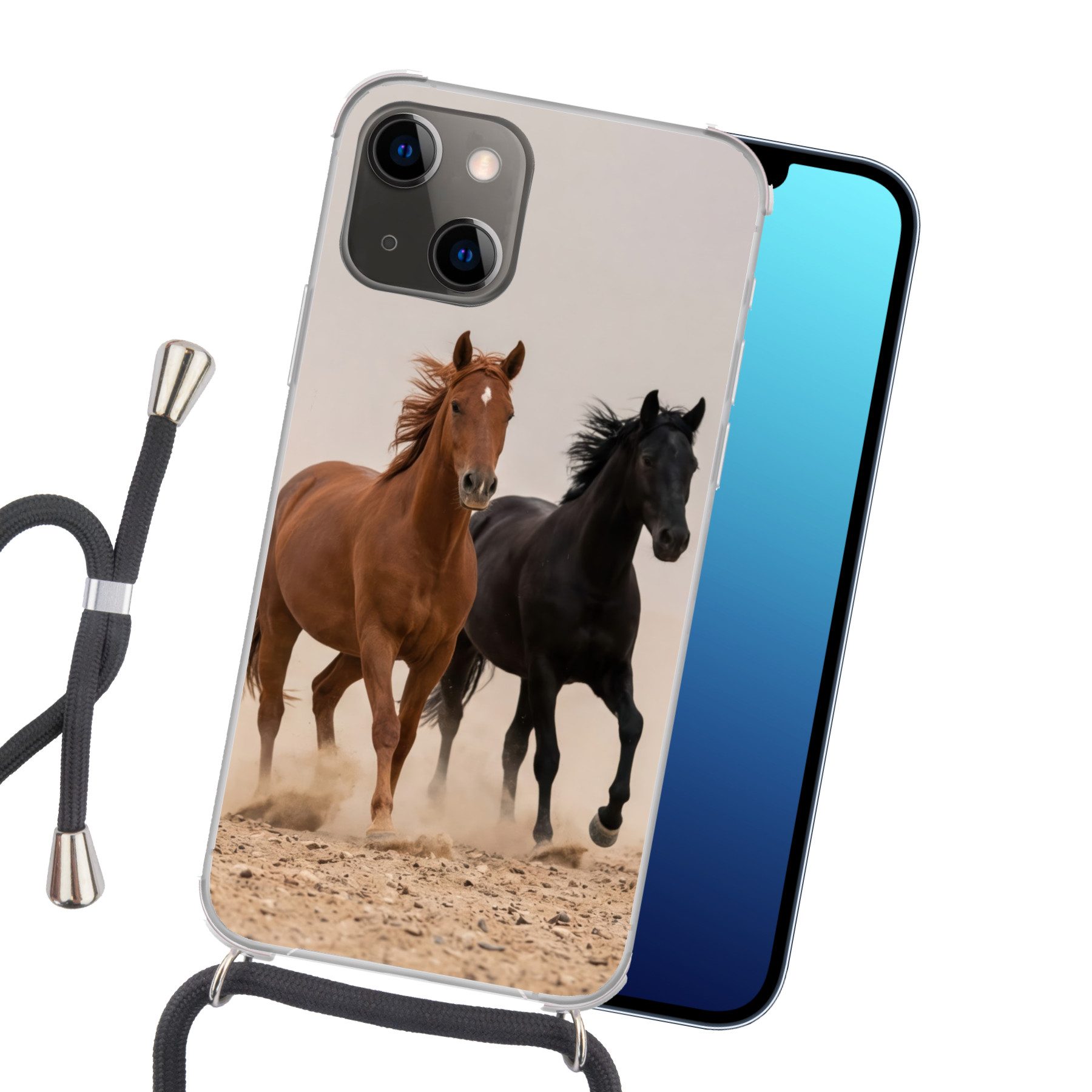 MuchoWow Handyhülle für Apple iPhone 13 Mini Pferdeherde - Staubwolke - Braun - Schwarz, Tragbare Handyhüllen mit Kette zum umhängen, Handykette Handyband
